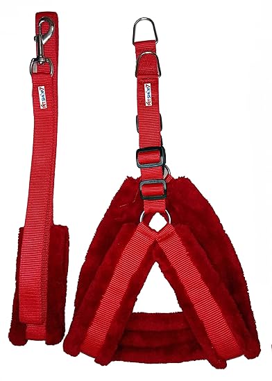 Petshop7 Nylon Dog Harness & Leash Set with Fur 1 inch Medium - Red (Chest Size - 27-32) Red