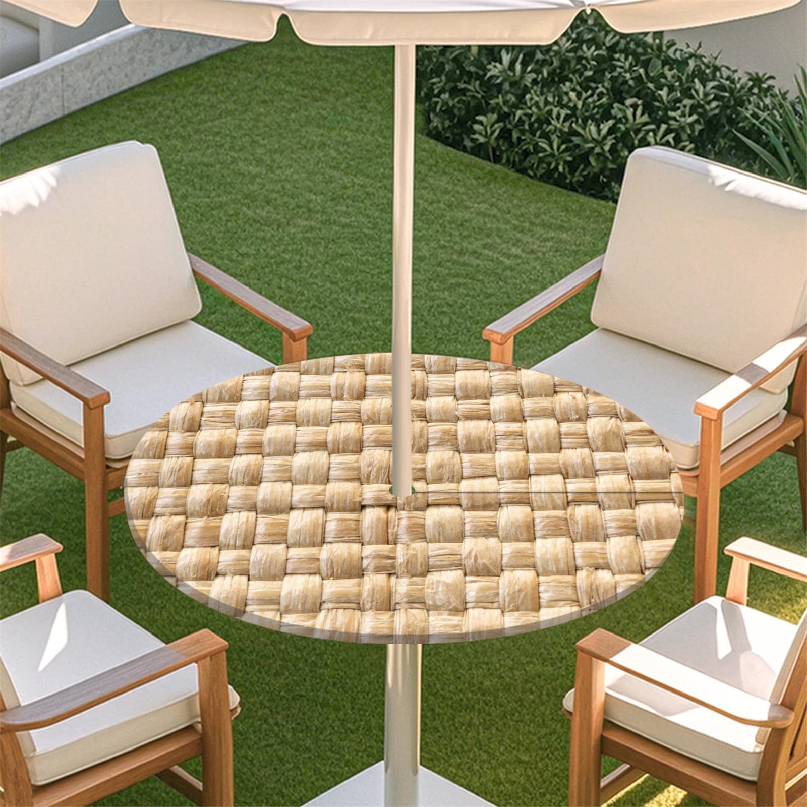Odot Elastic Edge Round Fitted Tablecloth Protector Waterproof Outdoor Round Tablecloth with Parasol Hole and Zipper, Wipe Clean Table Cover for Garden BBQ Party, Woven (Plaid,M:91-112cm)