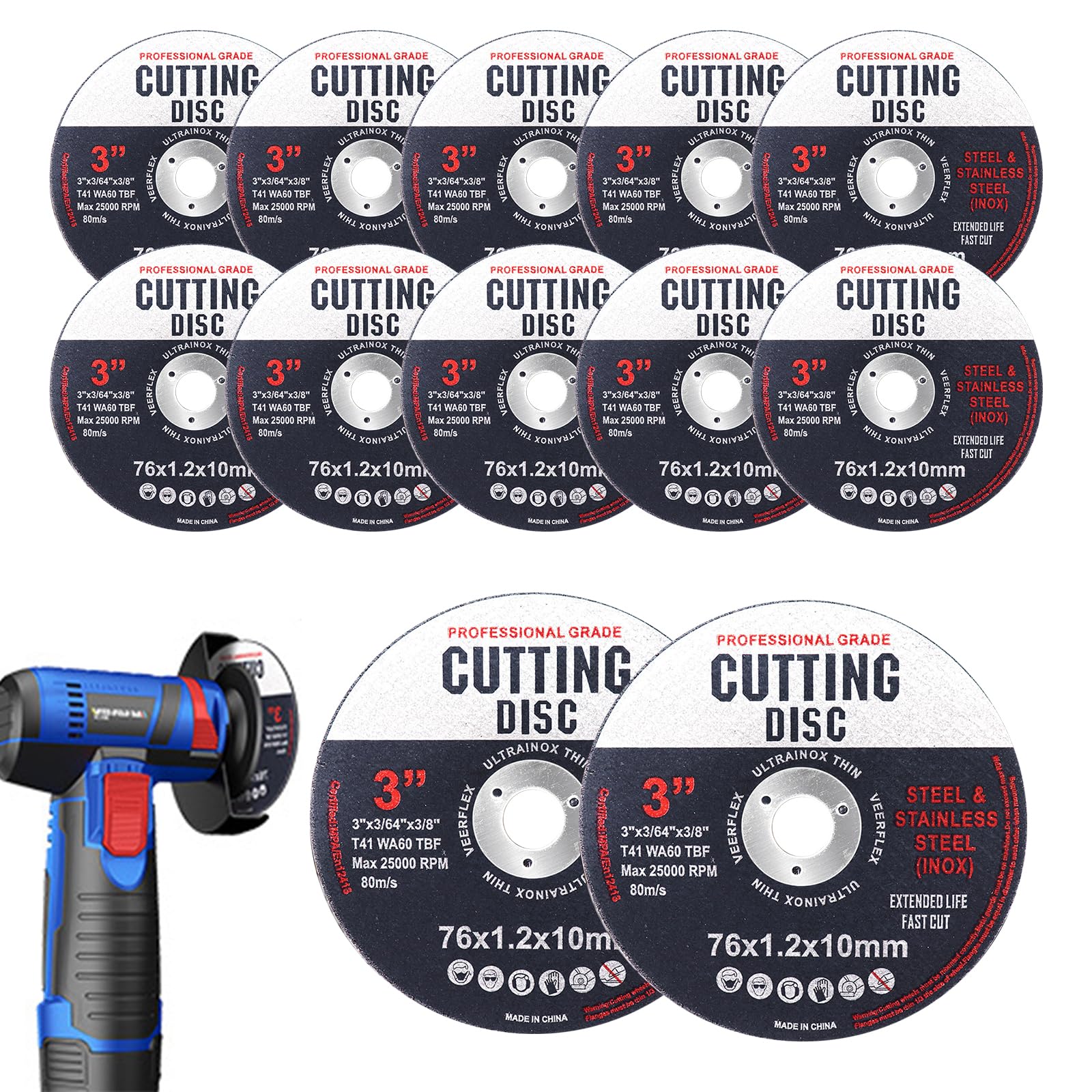 12 Pack 76mm Cutting Discs for Angle Grinder, 3" Precise Cut Off Wheels | Ultra Thin 1.2mm Grinding Disc for Power Tools, Angle Grinder Cutting Discs for Wood, Aluminum, Iron, Steel