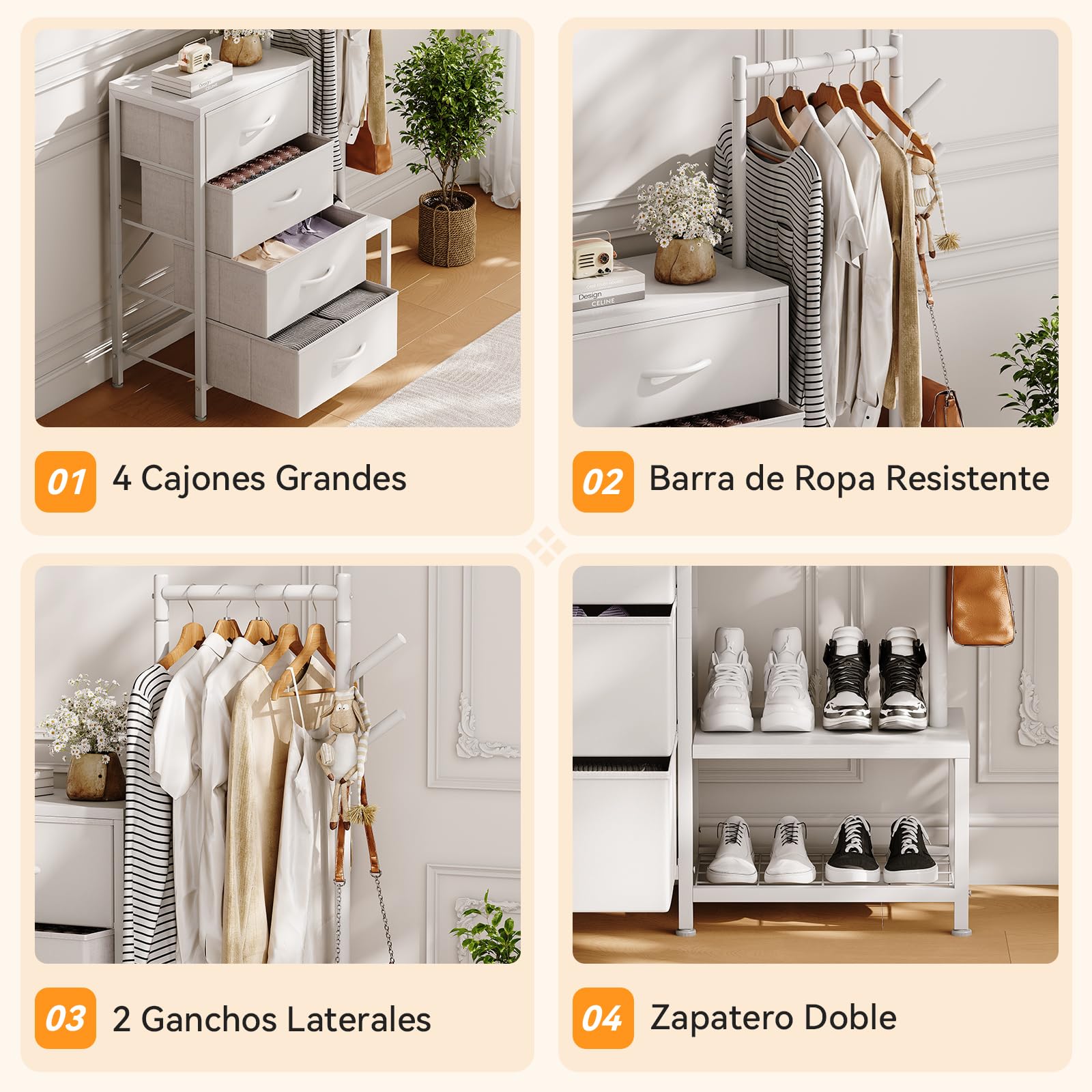 ODK Comoda Dormitorio 3 en 1, con Burro Ropa y 2 Ganchos para Abrigos, Zapatero de Doble Capa en la Parte Inferior, 4 Cajonera de Tela, Ideal para Dormitorio y Pasillo, Blanco