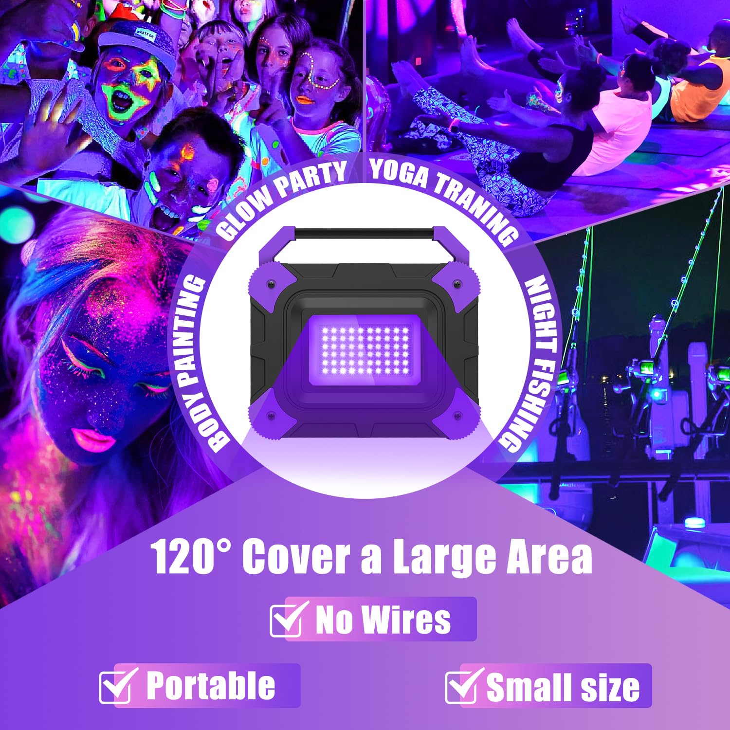 NATPOW Luz Negra UV Portátil Foco LED Recargable, 400-405nm Lámpara UV Potente, IP65 impermeable LED, Luz Negra para Halloween Acuario Pintura Corporal Partylicht, Decoración, 2 piezas