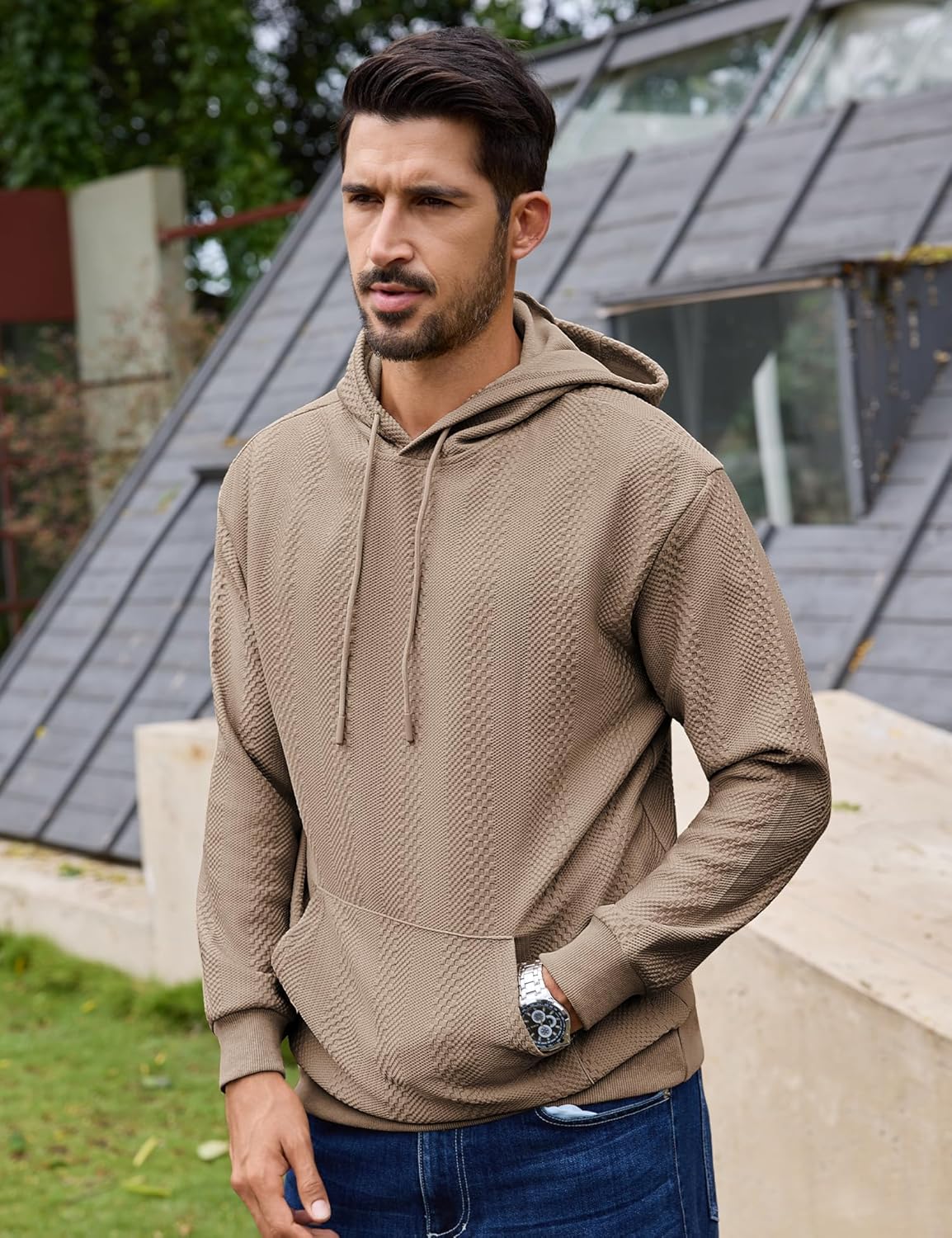 URRU Mens Hoodies Sweatshirts Texture Long Sleeve Drawstring Casual Pullover Hooded Shirt - Image 4