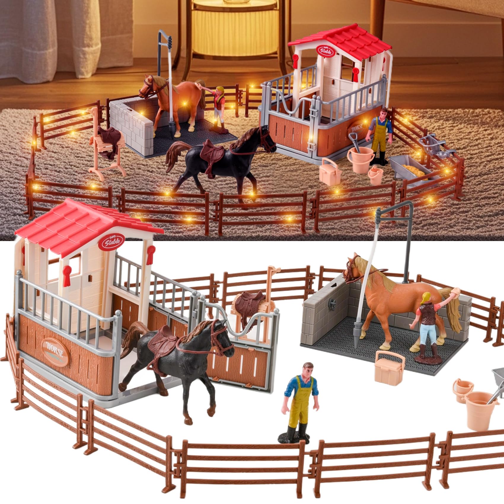 Juguete Caballos Para Niños 3-12 Años Granja De Caballos Juguete - Set De 49 Piezas Con Establo, Vallas, Jinetes Y Animales | Regalo Para Niños 3-12 Años Granja Juguete Con Caballos Y Jinetes
