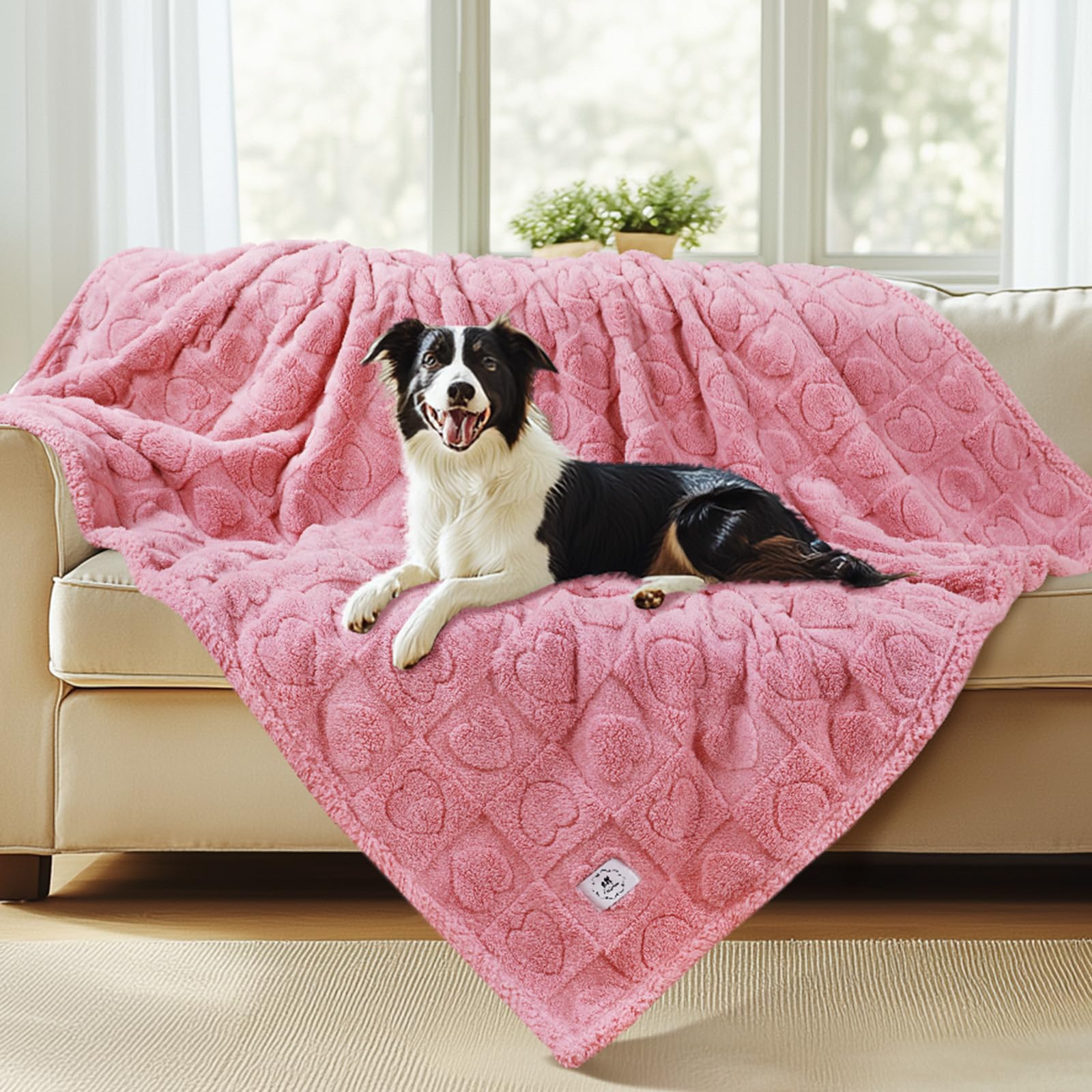 Luciphia Valentines Day Waterproof Blanket for Medium Large Dogs Washable Bed Couch Protector Soft Fluffy 3D Heart Jacquard Pet Blanket with Sherpa Fleece Cozy Calming Throw Blankets, Pink 65x57 inch