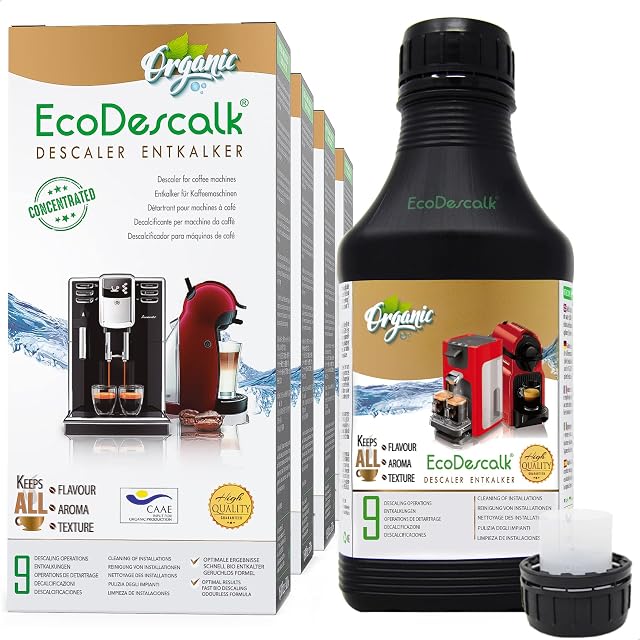 EcoDescalk Organic Concentrated Descaler (4x9 Decalcifications). 100% Natural Descaler. Cleaner for Coffee Machines. Descaling Solution for All Brands.