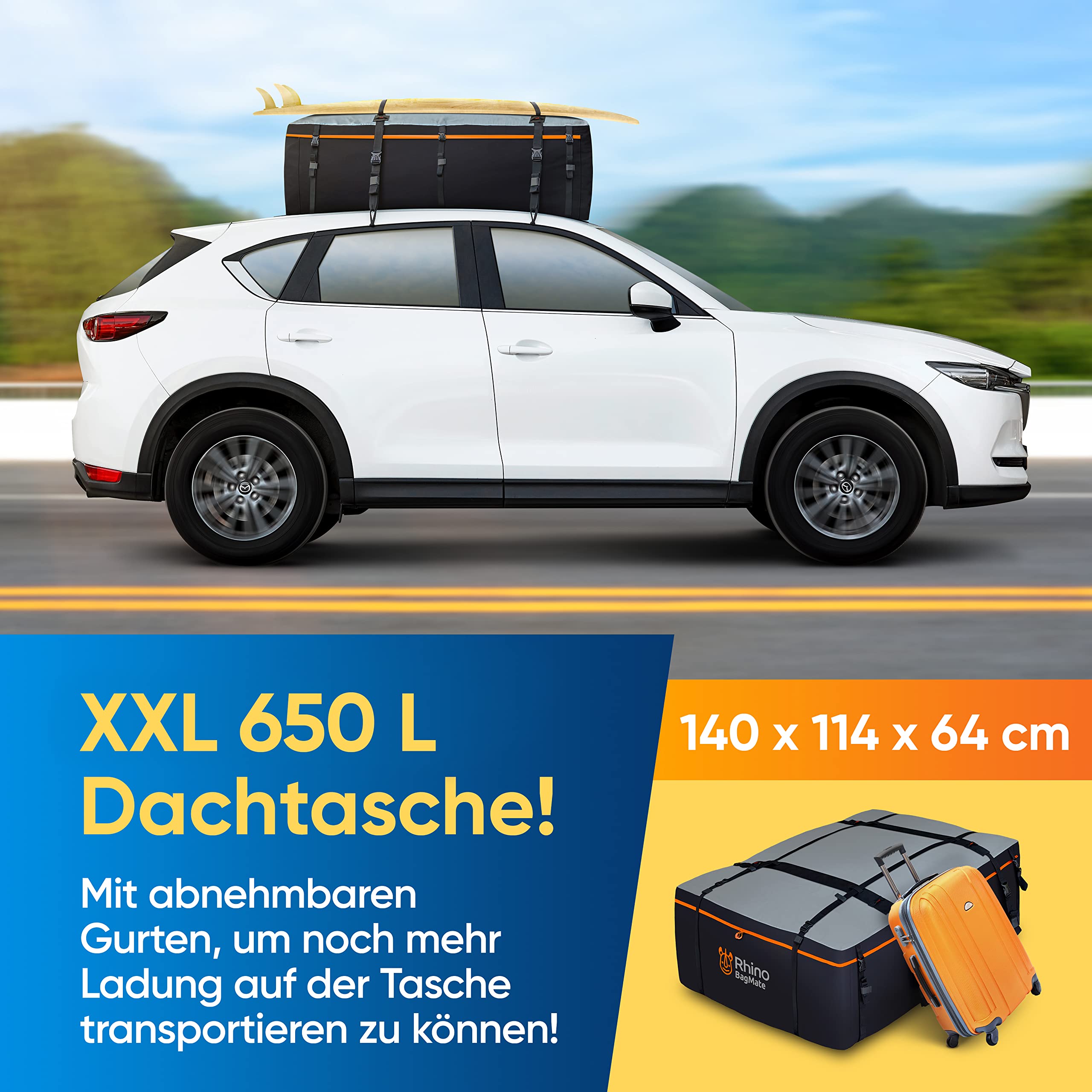 XXL Dachtasche 650L – 100% Wasserdicht aus 840D PVC – 140 x 114 x 64 cm Faltbare Dachbox – Montage ohne Reling möglich – Inkl. Schutzmatte & 4 Türhaken