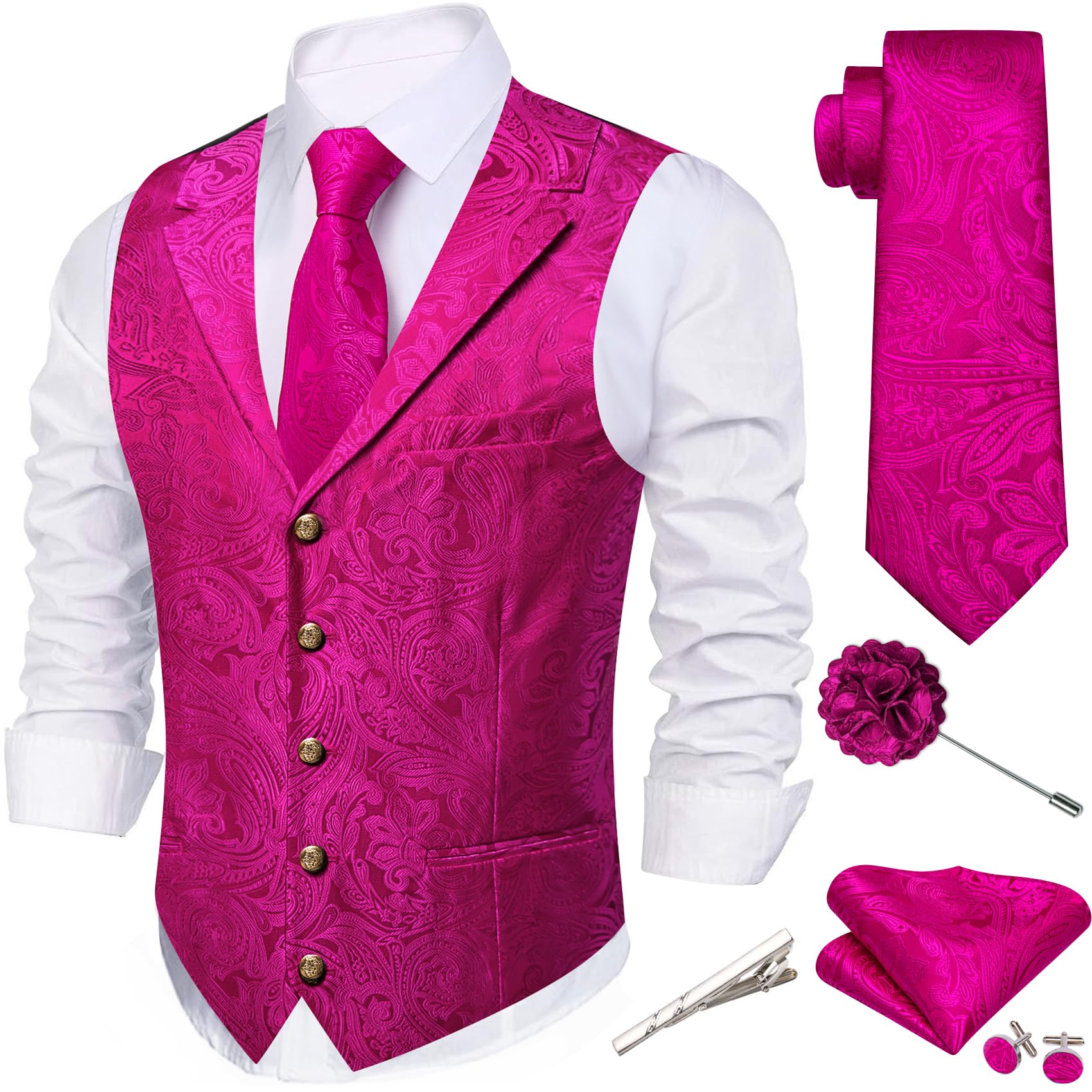 Barry.Wang Mens Silk Paisley/Floral Suit Vest Tie Sleeve Holder Set 5PCS