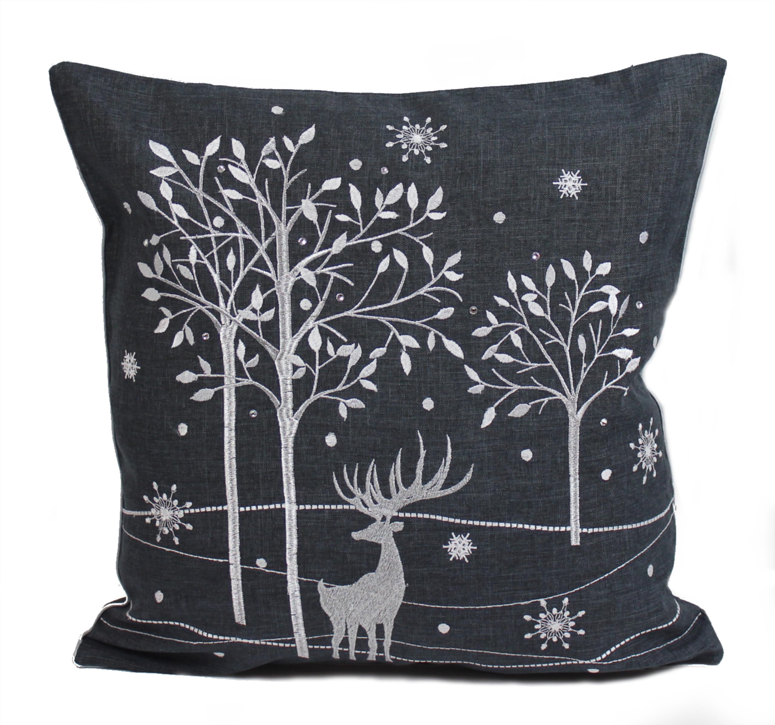 Peggy Wilkins Pewter/Silver Shimmer Stag Embroidered Christmas Cushion - 45Cm X 45Cm