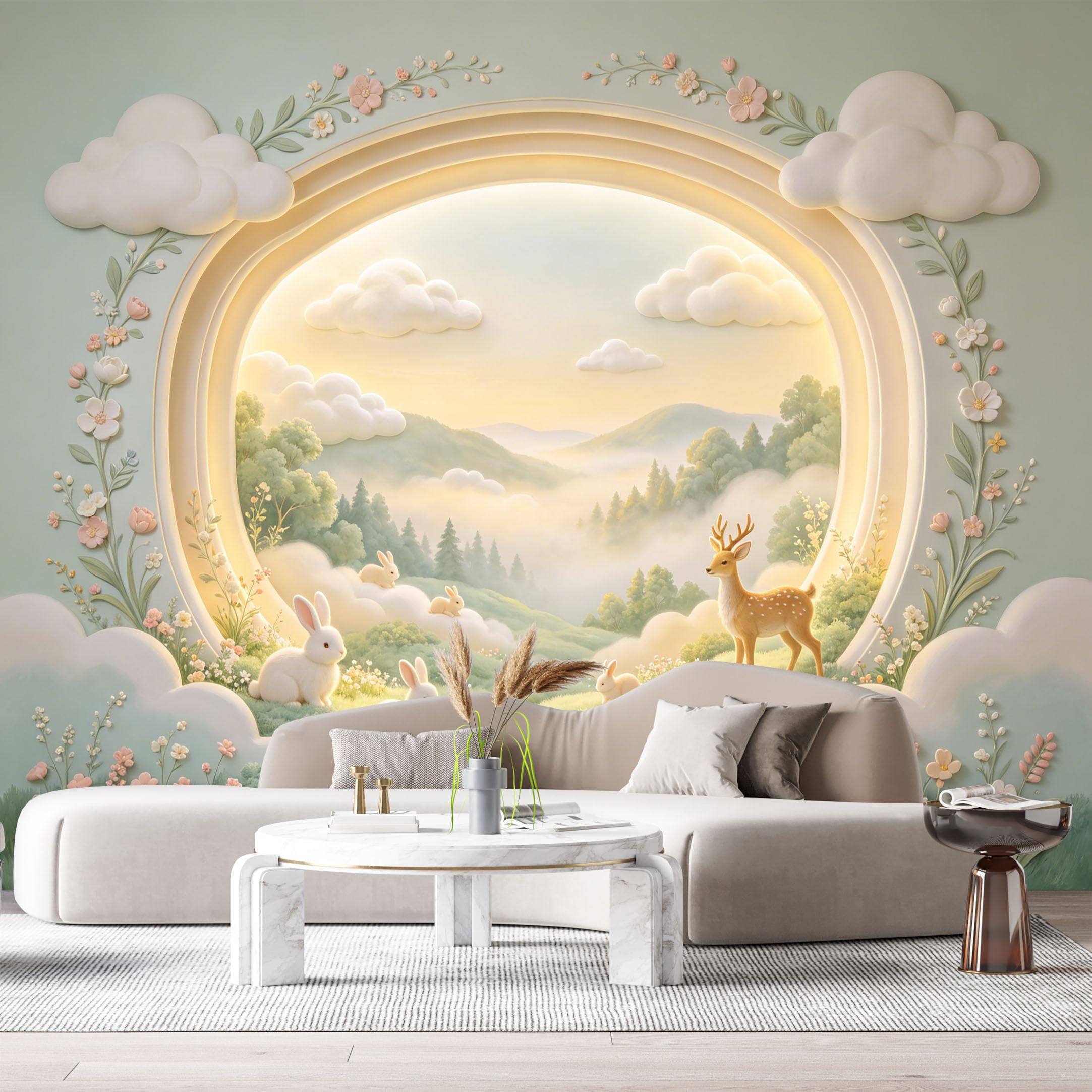 Custom Size Wall Murals Deer Rabbit Mountain Landscape 3D Trompe L'Oeil SelfAdhesiveWall Fabric Removable Wallpaper Wall Decor for Living Room Bedroom Bathroom