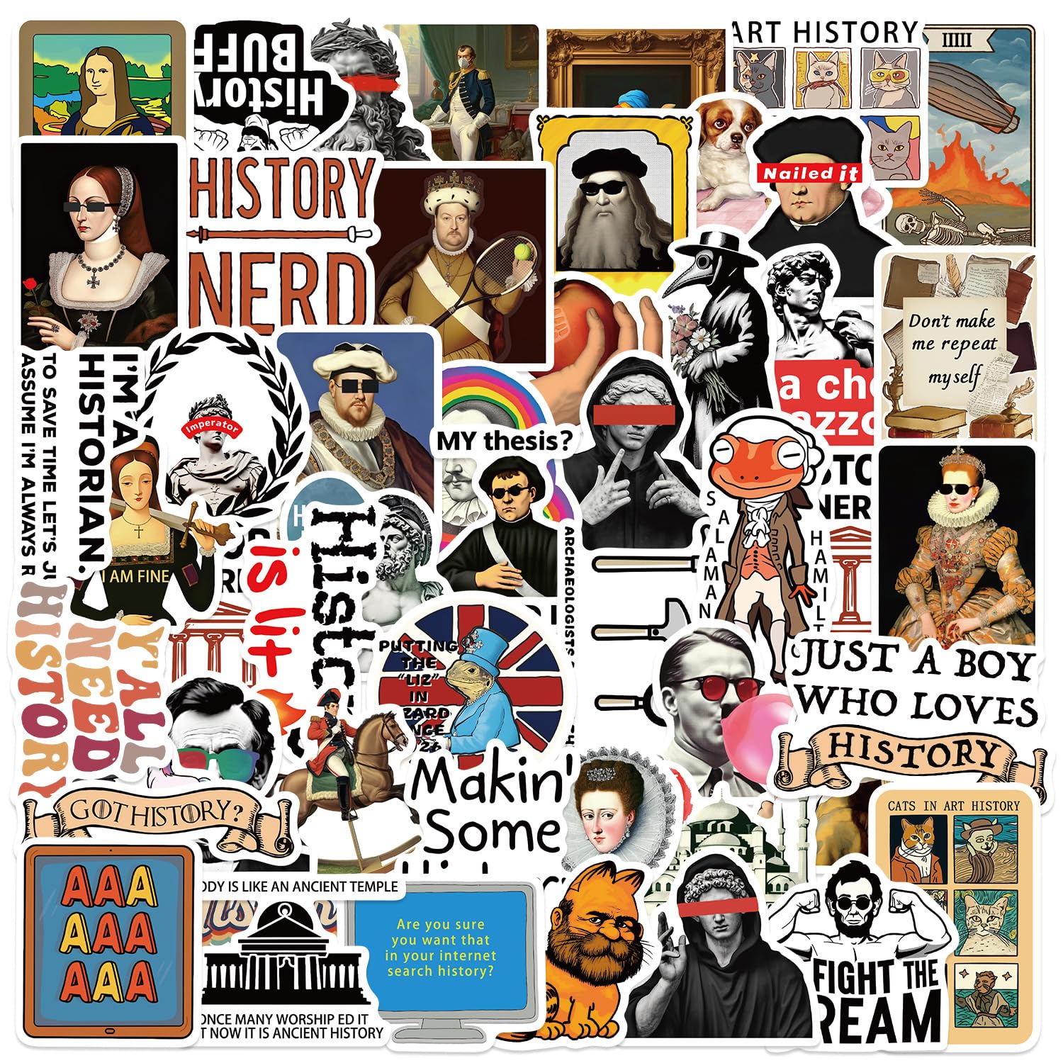50 Pcs Interesting History Stickers Laptop Car Scrapbook Phone Skateboard Suitcase Luggage Bike Vintage Vinyl Waterproof Aesthetic Personalised Stickers for Teens Boys Girls Adults