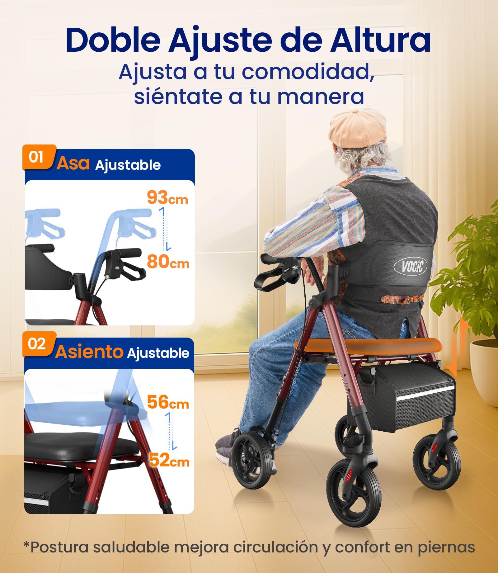 VOCIC Andador plegable y ligero con asiento, andadores estrechos para apartamentos, andadores para personas mayores, plegable con neumáticos de 20 cm para todo terreno, asiento y mango de altura