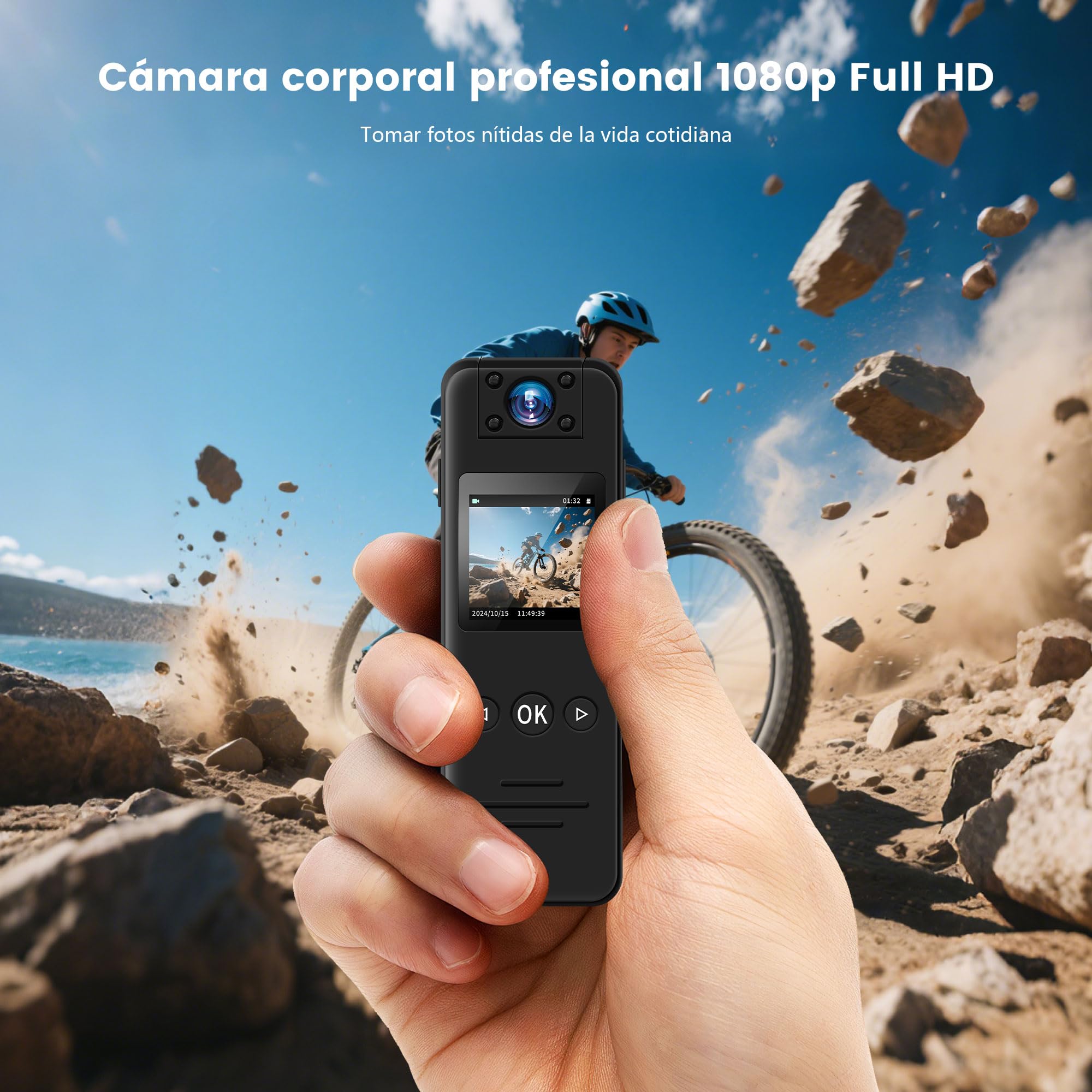 Bodycam, Cámara Corporal 1080P HD con Lente Gran Angular de 120°, Clip Trasero, Visión Nocturna y Detección de Movimiento, Cámara Mini con Objetivo Giratorio 180° para Grabación Diaria