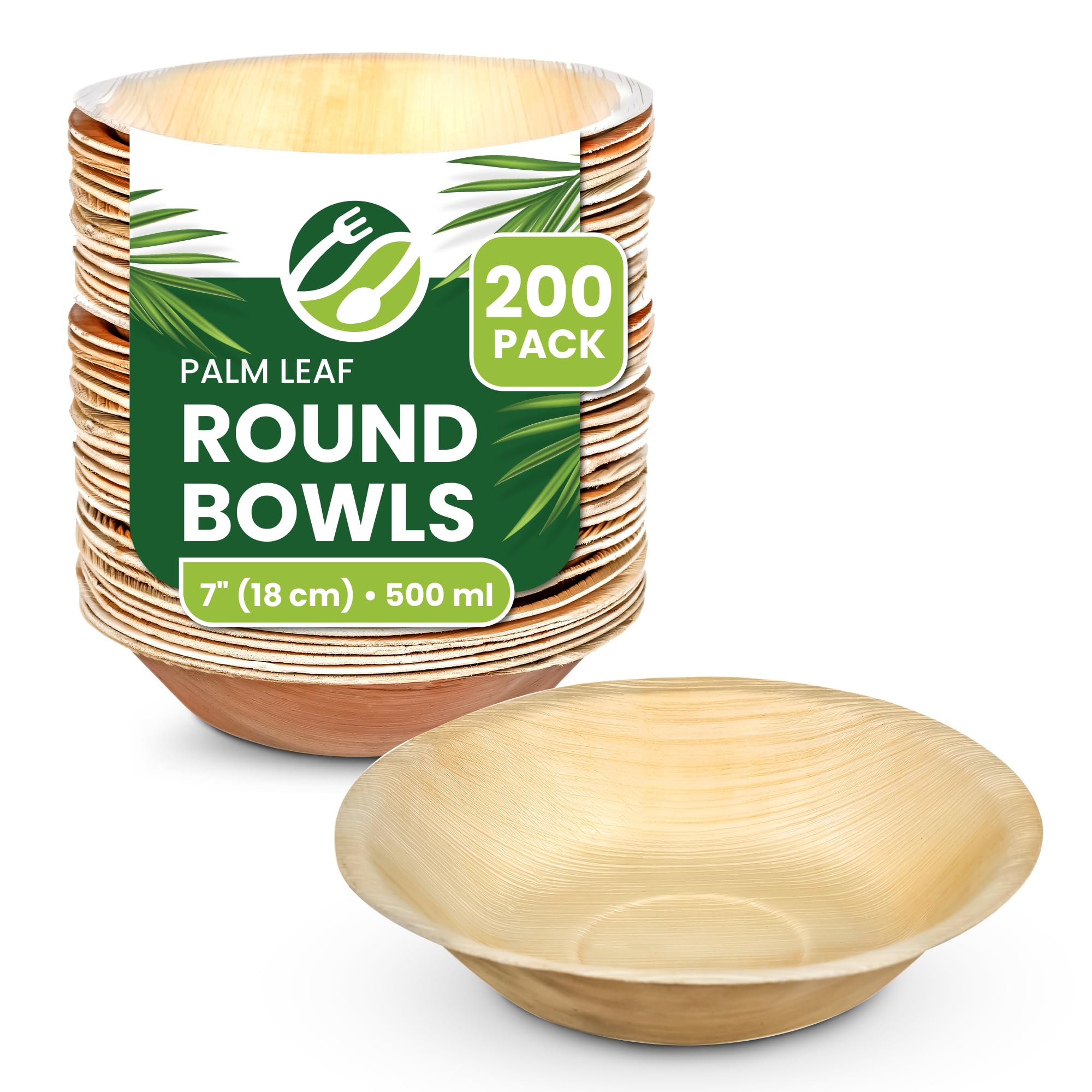 ECO Leaf 200 Disposable Palm Leaf Bowls |7”(18cm) Round Compostable Dinner Bowls | Eco-Friendly, Biodegradable Heavy-Duty Bowl for Wedding, Party and Picnic | Microwave & Oven Safe, Pack of 200