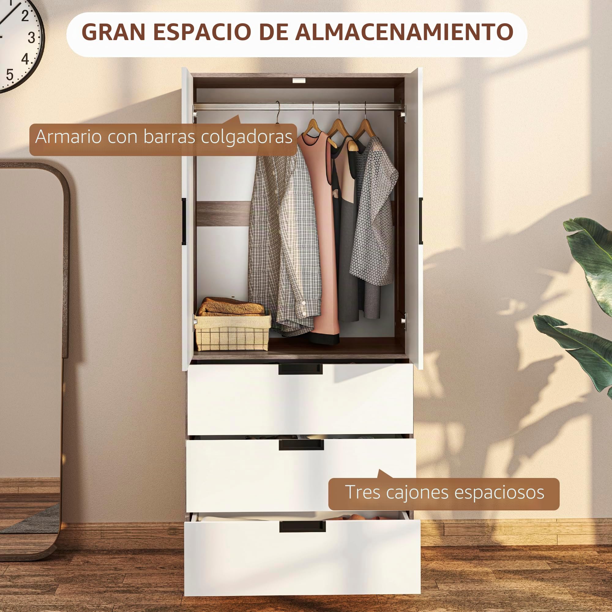 HOMCOM Armario Moderno para Dormitorio de Adulto con 3 cajones y Barra para Colgar, Dim. 80W x 50D x 180H cm, marrón