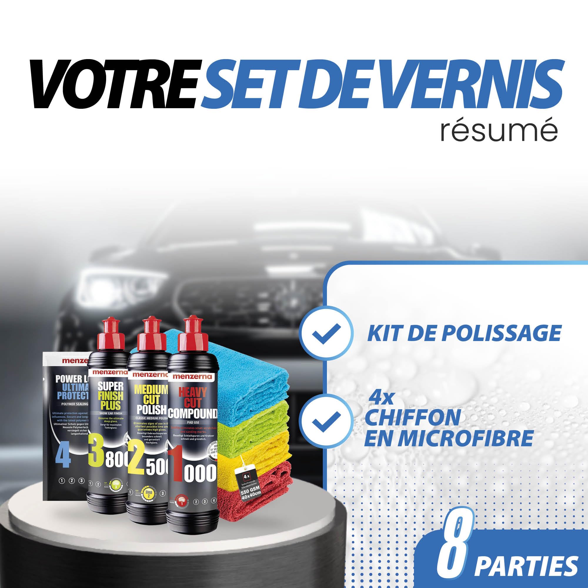 Menzerna Kit de Polissage pour Voiture : Menzerna Heavy Cut Compound 1000 + Medium Cut Compound 2500 + Super Finish Plus 3800 + Power Lock Sachet 20ml + 4X Chiffon Microfibre 40x40cm - 2