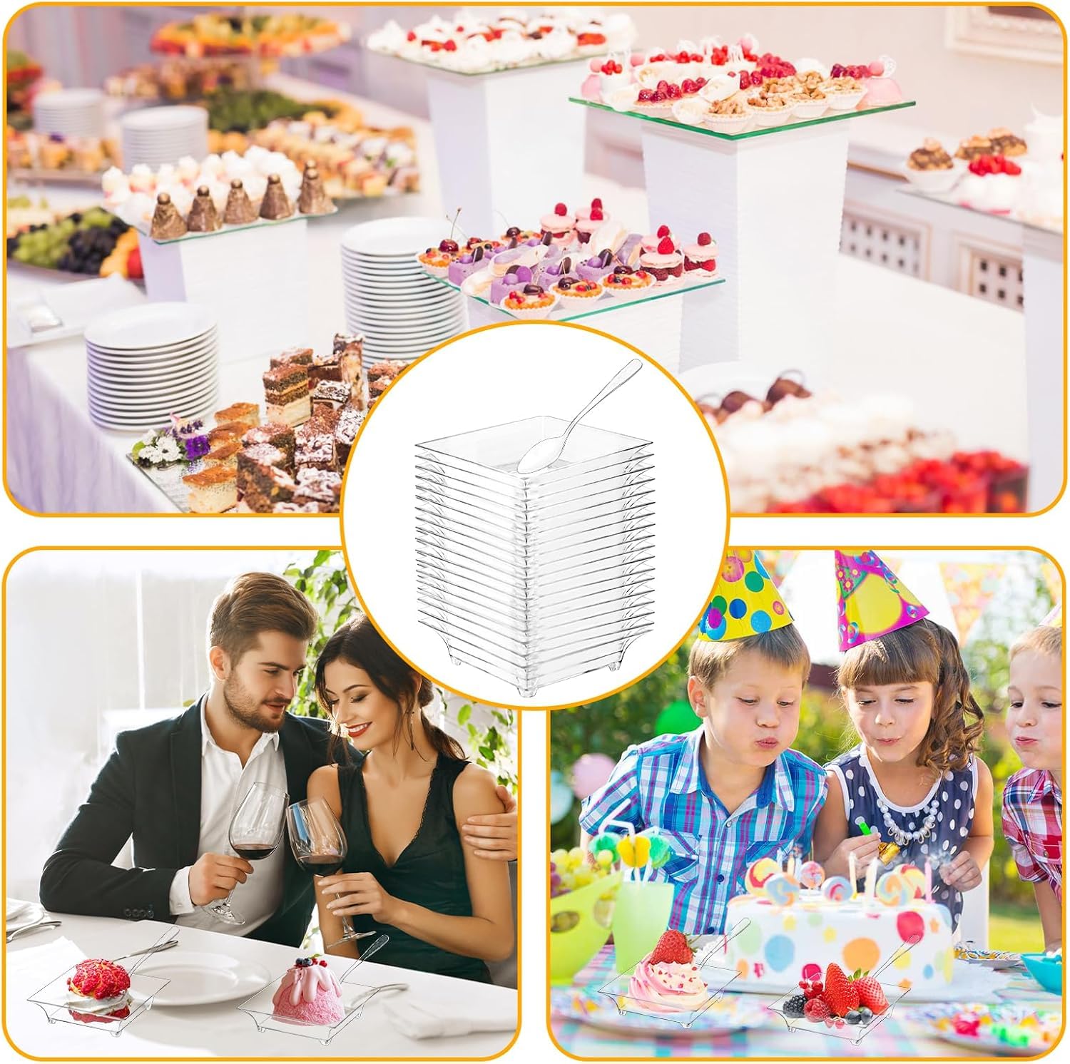 KAHEIGN 100 Pezzi Piatti da Aperitivo in Plastica con Cucchiai, 6CM Piatto Quadrato per Degustazione Dessert Ciotole Trasparenti per Antipasti Parfait Piatti da Portata Riutilizzabili per Campione