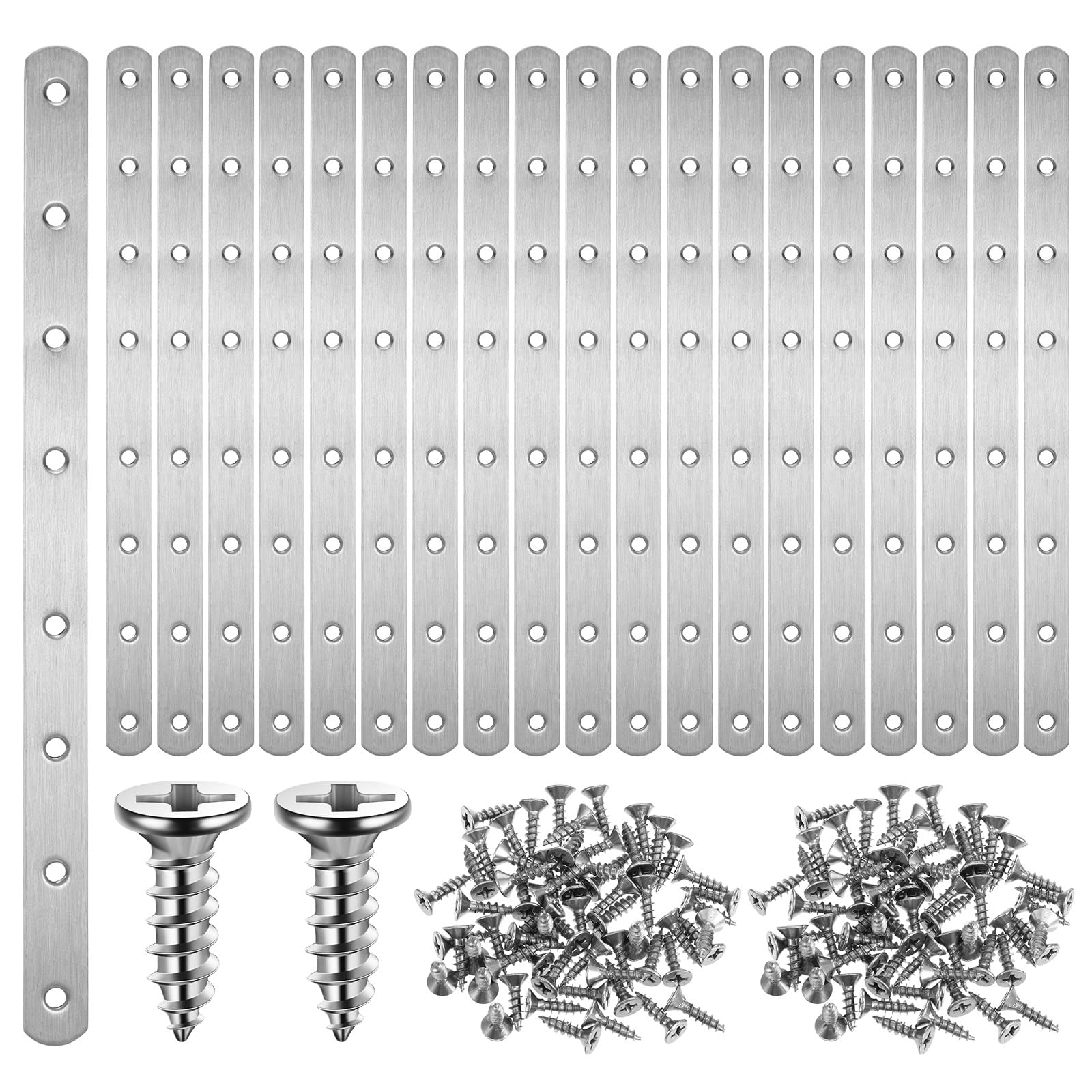 20 Pcs Flat Mending Plate, 11.5" Stainless Steel Mending Plates for Wood Support, 8 Hole Straight Brackets Flat Straight Braces Metal Plate with 160 Screws