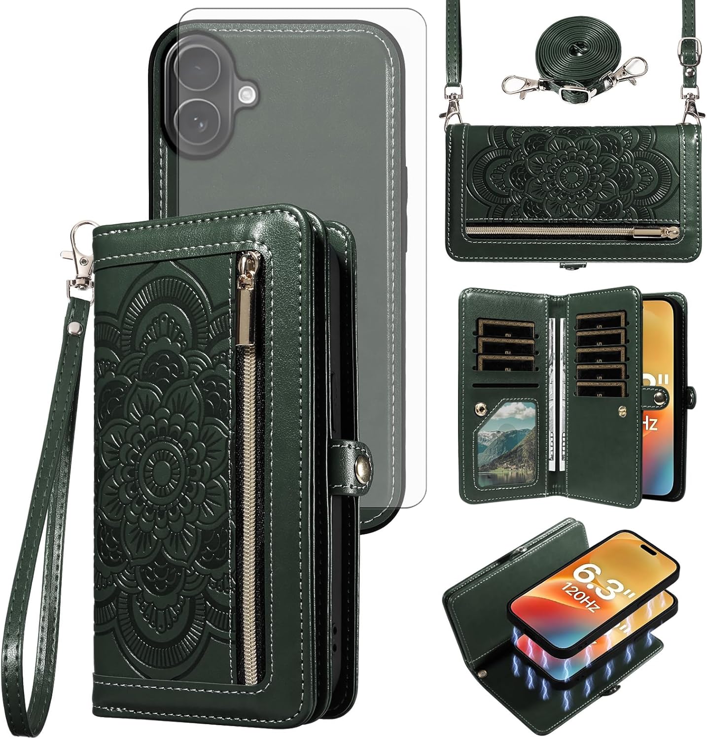 Asuwish Phone Case for iPhone 17 6.3 inch Zipper Wallet Detachable Cell Cover with Tempered Glass Screen Protector Crossbody Wrist Strap Flower Credit Card Holder i Phone17 i17 17Case Women Dark Green
