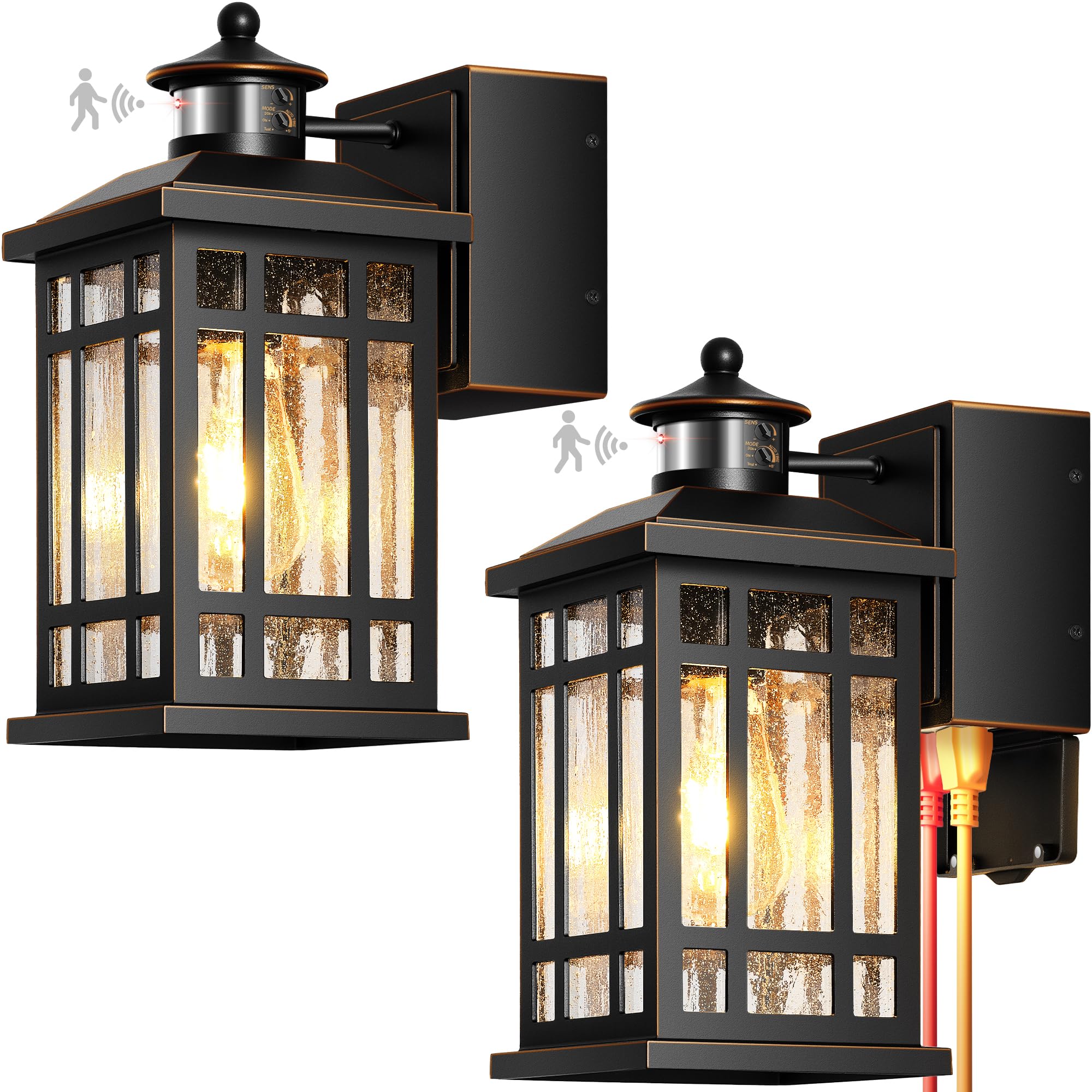 Motion Sensor Outdoor Lights Wall Mount with GFCI Outlet, Dusk to Dawn Exterior Light Fixture, 100% Anti-Rust Aluminum Waterproof Outside Wall Lighting for House, Black 2-Pack, Non-Solar