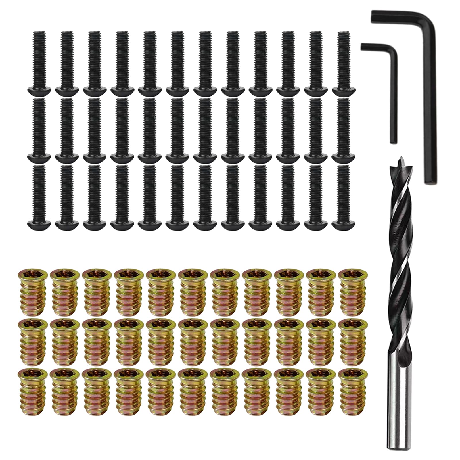 32 Sets 1/4"-20×15mm Wood Inserts/Screw-in Nuts + 1/4"-20×3/4" Bolt with Three-Point Woodworking Twist Drill and 2 Pcs Wrench,Furniture Threaded Bolt Fastener Connector Hex Socket Drive