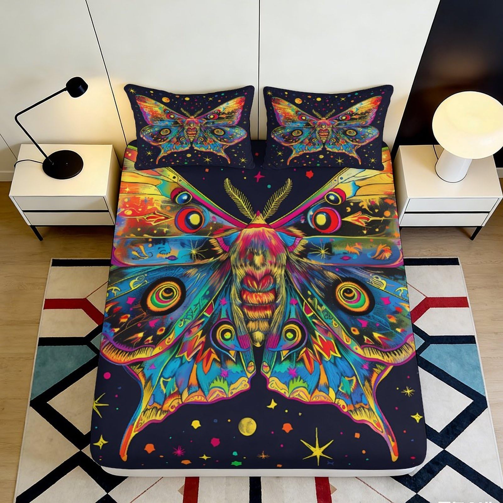 Pnayamiorkfel Style-4 3D Printed Psychedelic Butterfly Fitted Sheet Microfiber Anti-Slip Vibrant Moth Bed Cover For Bedroom Guest Room Decor 90X200x25cm