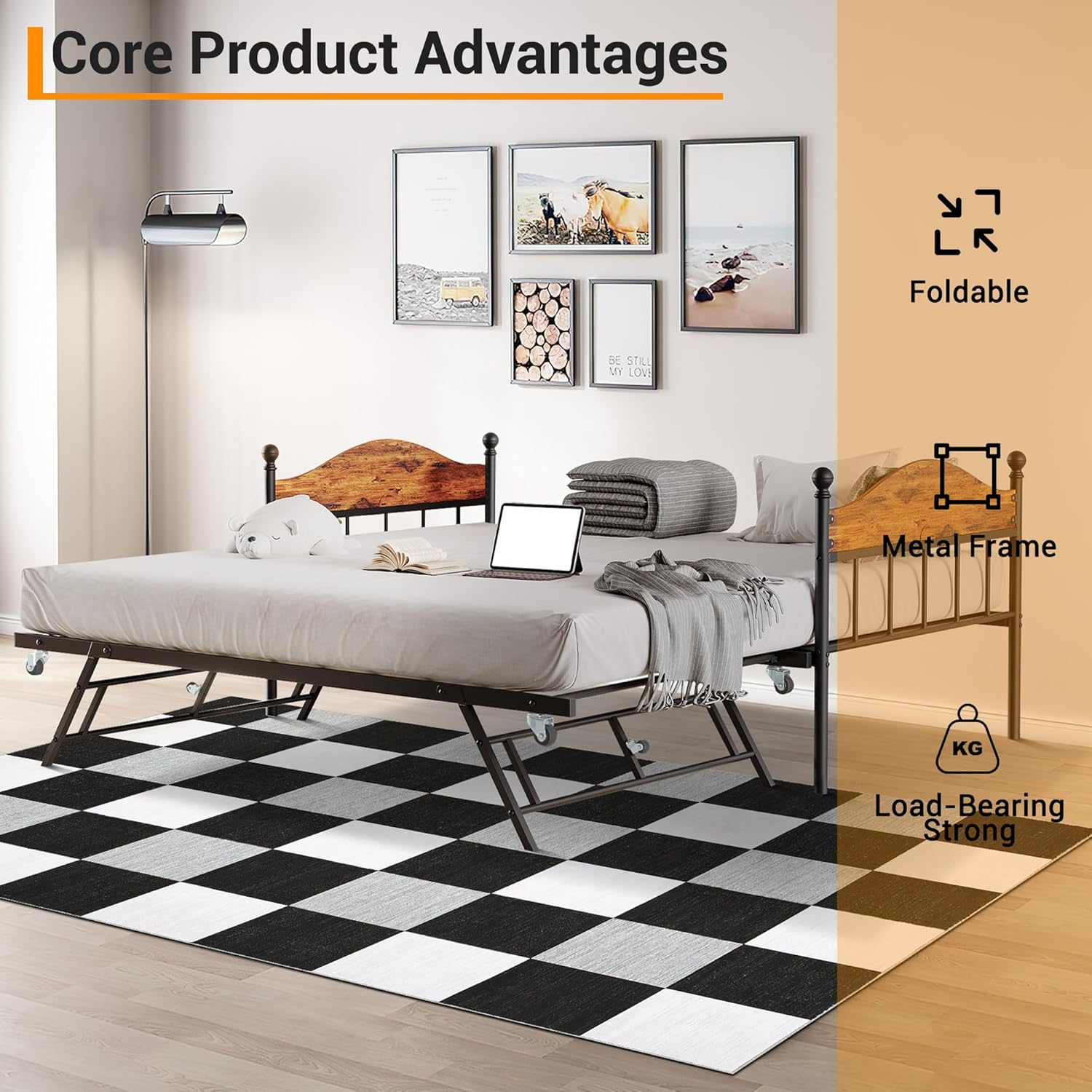 Twin Daybed with Trundle, Sturdy Metal Foldable Bed Frame, Metal Double-Sized Sofa Bed, Heavy-Duty Steel Bed Frame, Suitable for Living Rooms, Bedrooms and Guest Rooms, Brown
