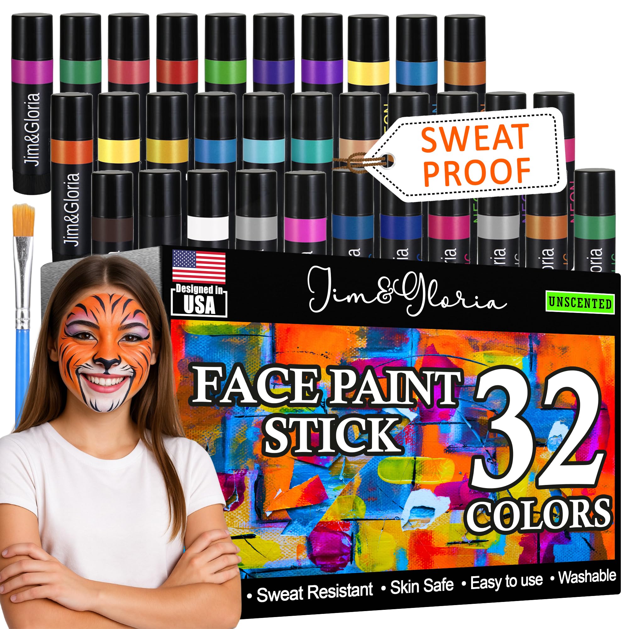 Jim&Gloria Face Paint Kit Bulk 32 Professional Face Painting Kit for Party, Metallic, Neon, Classic Makeup, Facepaint Crayons, Washable Body Paint Adults, Teenage Girls and Boys Christmas Gifts Crafts
