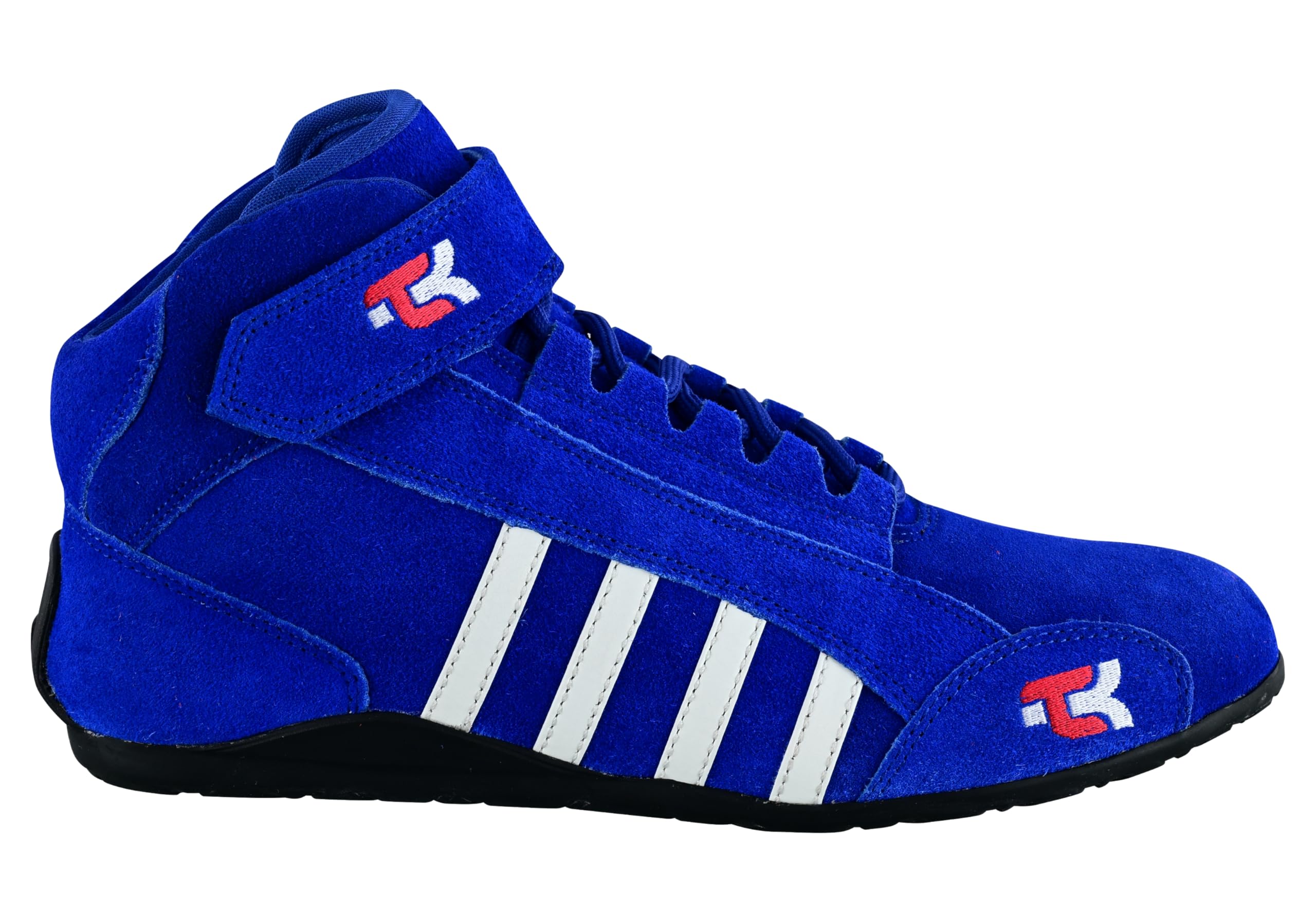 TK Bottes de karting pour enfants avec semelle haute adhérence, coupe moyenne avec sangle, chaussures de course Go Kart en cuir pur, noir, rouge, bleu