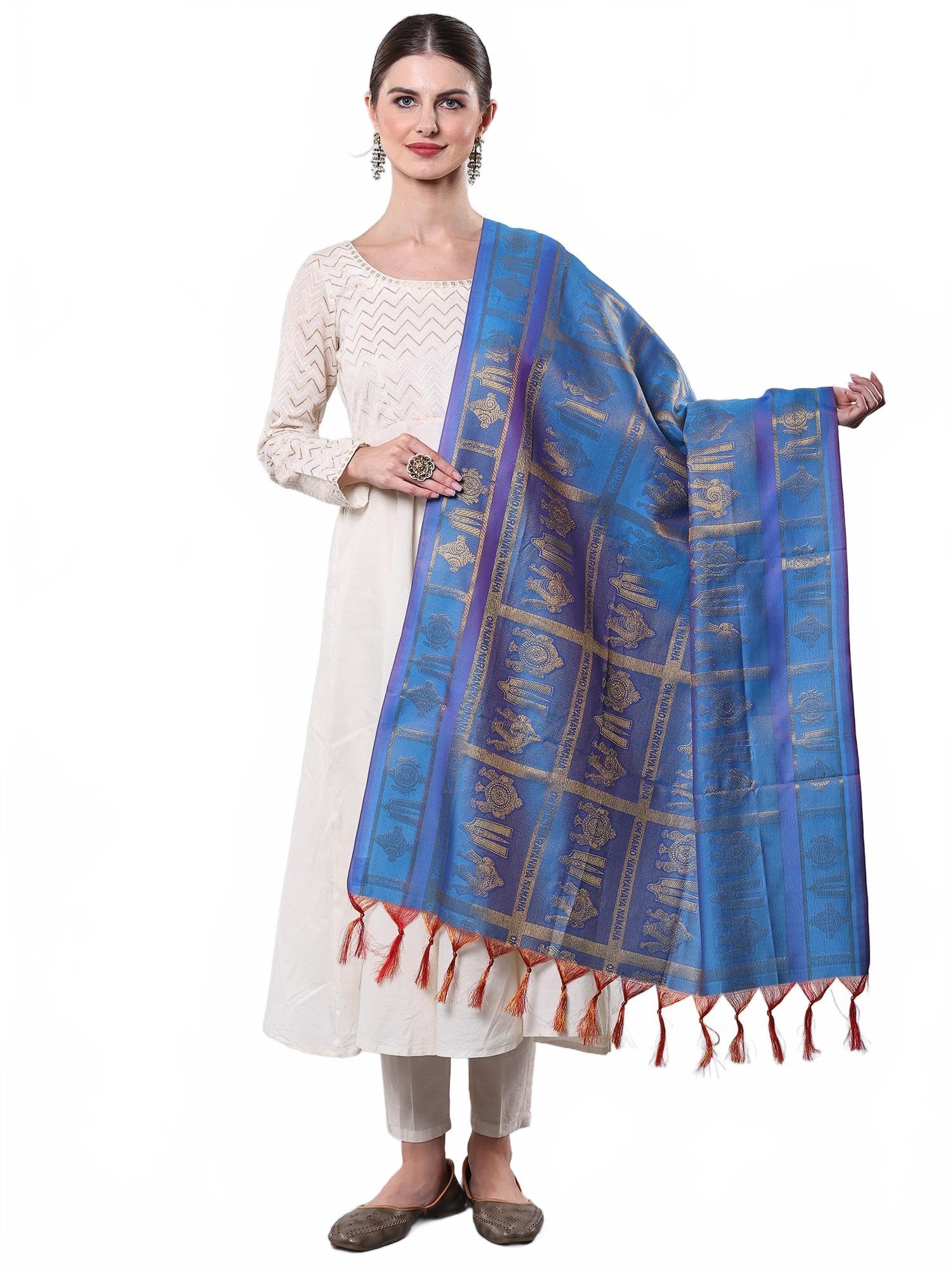 exotic india Women's Art Silk Prayer Shawl with Woven Om Namo Narayanaya Namah and Vaishnava Symbols Design Stole, Scarves-picture-39
