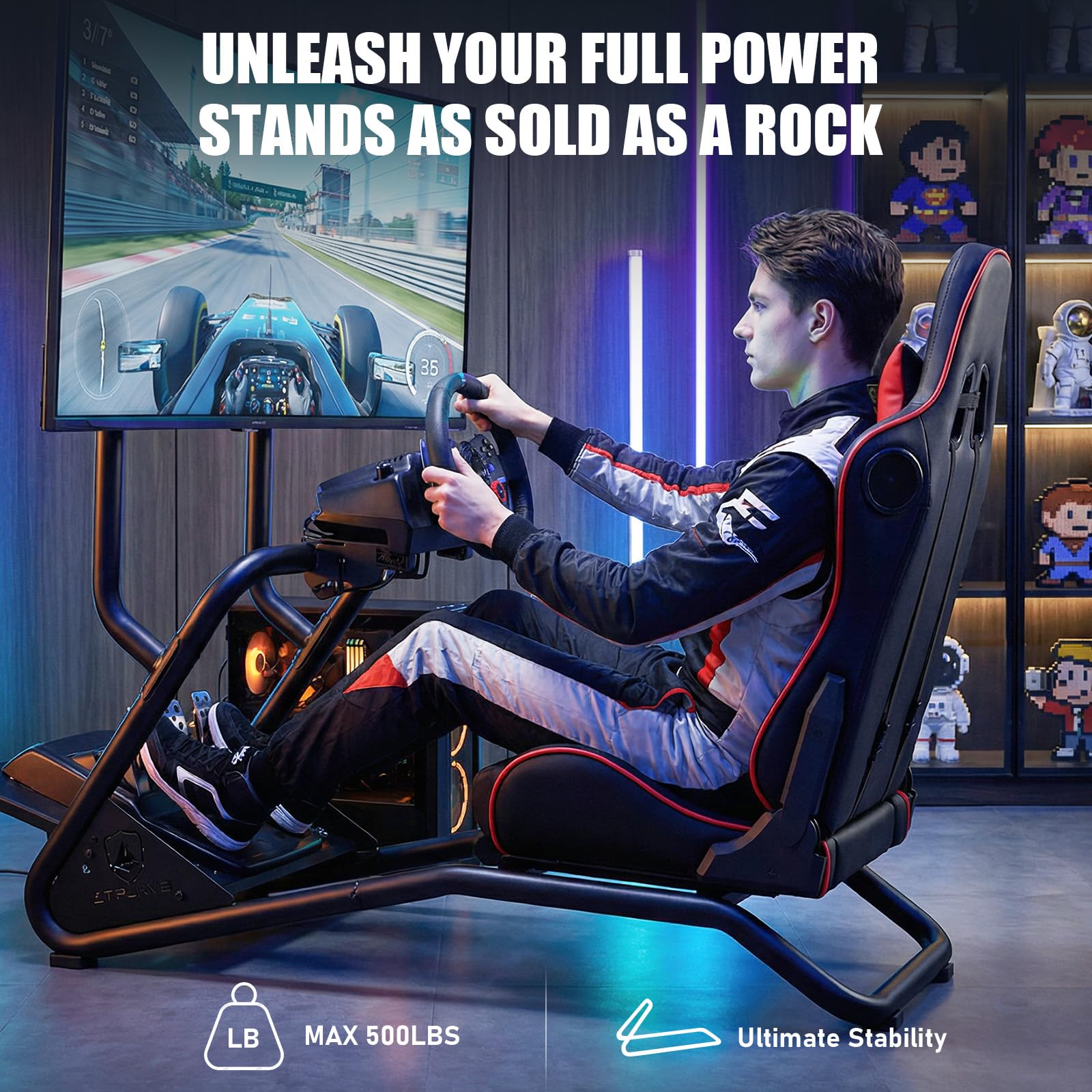 GTPLAYER Simulator Cockpit, Supporto per volante da simulatore di corse con altoparlanti stereo 3D, con supporto regolabile per volante, monitor, cambio e pedali (Rosso)