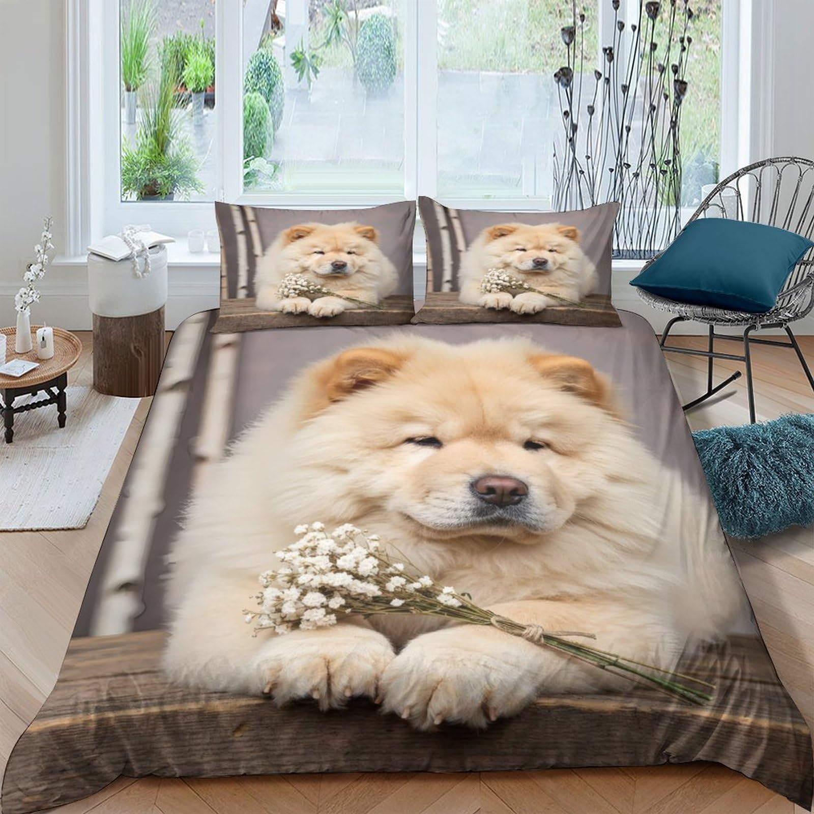 Ctjqhvkz Style-9 3D Printed Cream Chow Chow Dog Fitted Sheet Microfiber Soft Breathable Brown Puppy Mattress Cover Bedroom Decor Single（135X200cm）