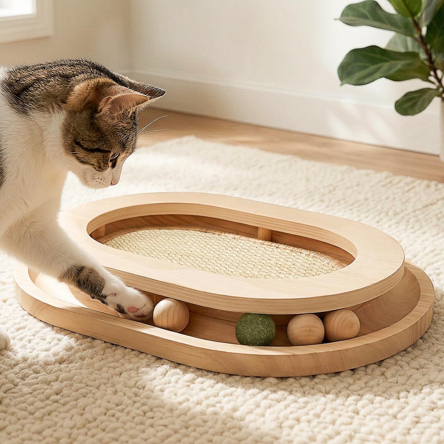 Cat Scratcher, Natural Sisal Cat Scratcher Pad & Interactive Kitten Toy with Ball Track and Catnip Ball for Indoor Chasing, Hunting, Mental and Physical Exercise, Puzzle for Small Cats
