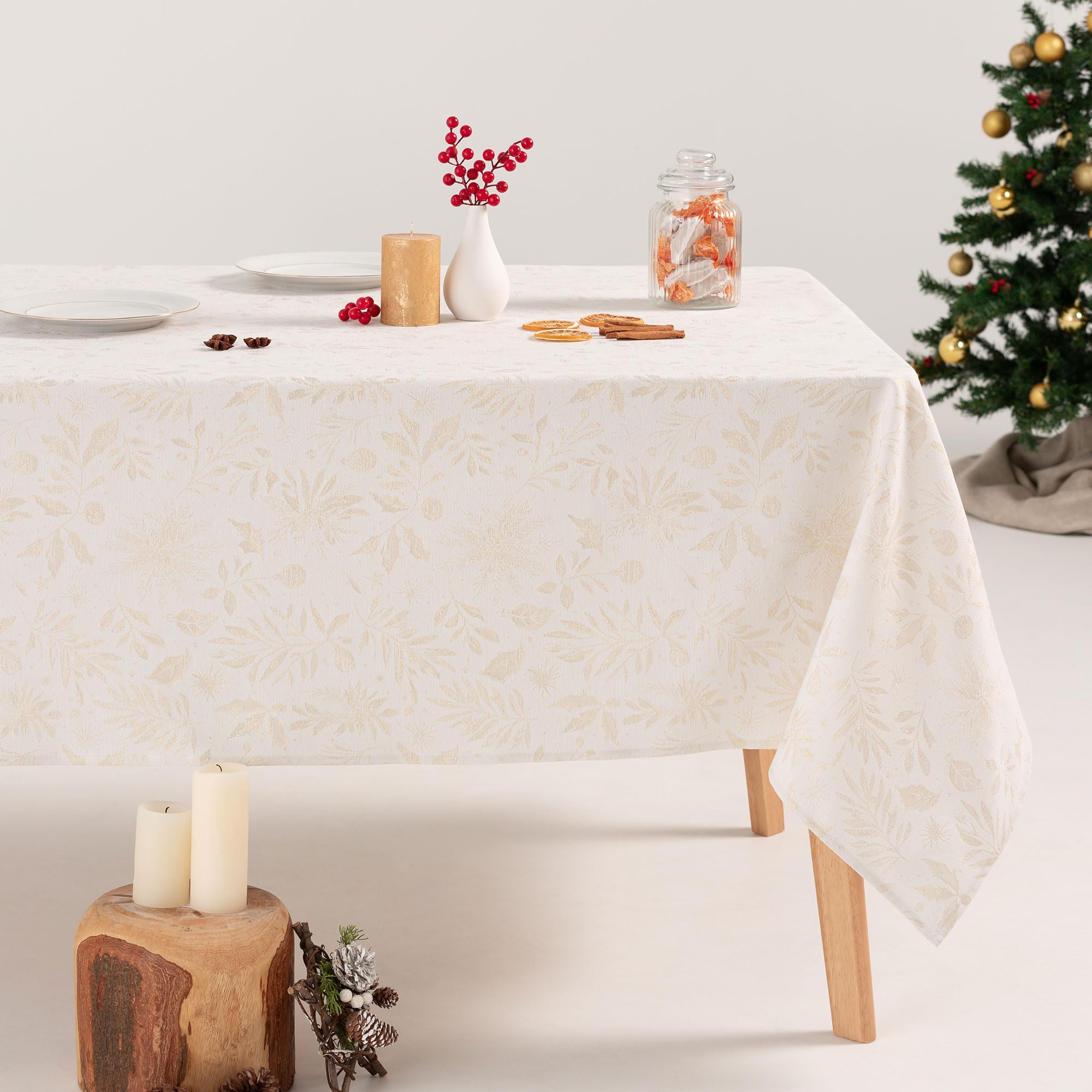 Gamusi White Tablecloth Christmas Floral Jacquard Golden Thread Dining Table Rectangular Christmas Decoration 140 X 240 Cm