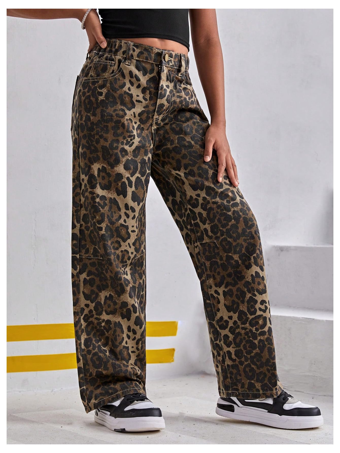 Floerns Mädchen-Jeans, Leopardenmuster, mittlere Taille, gerades Bein, Y2k Grunge Denim-Hose