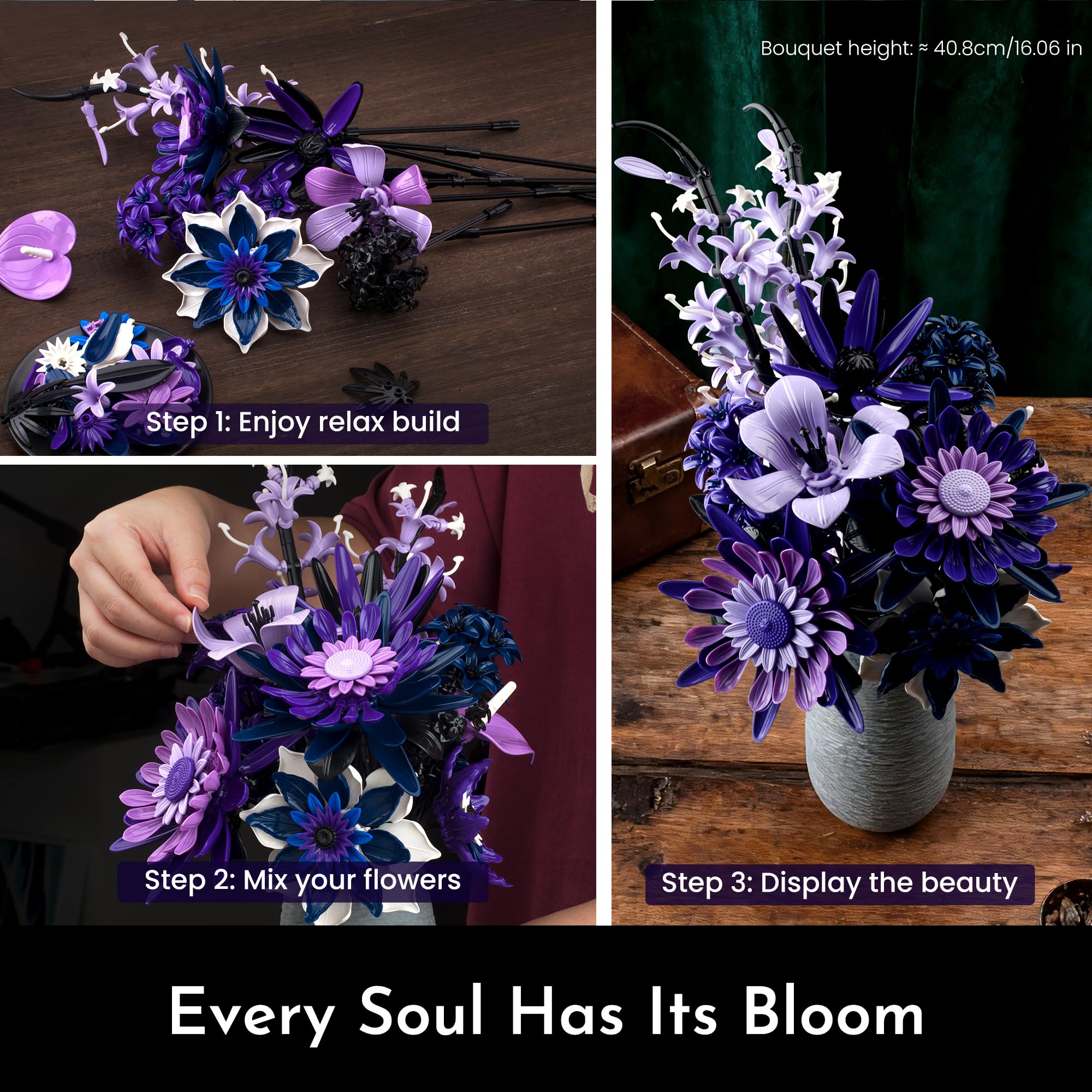 SOOLIO Mothers Day Dahlia Flower Bouquet Building Set for Adults,Gift for Mom Women Girlfriend Wife Gothic Botanical Collection - Buildable Purple Artificial Floral for Home or Office Decor (609 PCS)