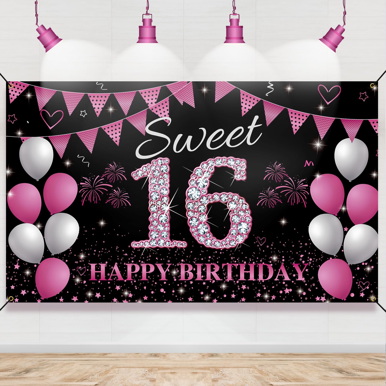HTDZZI Sweet 16 Birthday Backdrop Banner - Hot Pink, Sweet Sixteen Party Decorations, 16th Birthday Photo Props Yard Sign Decor Supplies, Fabric