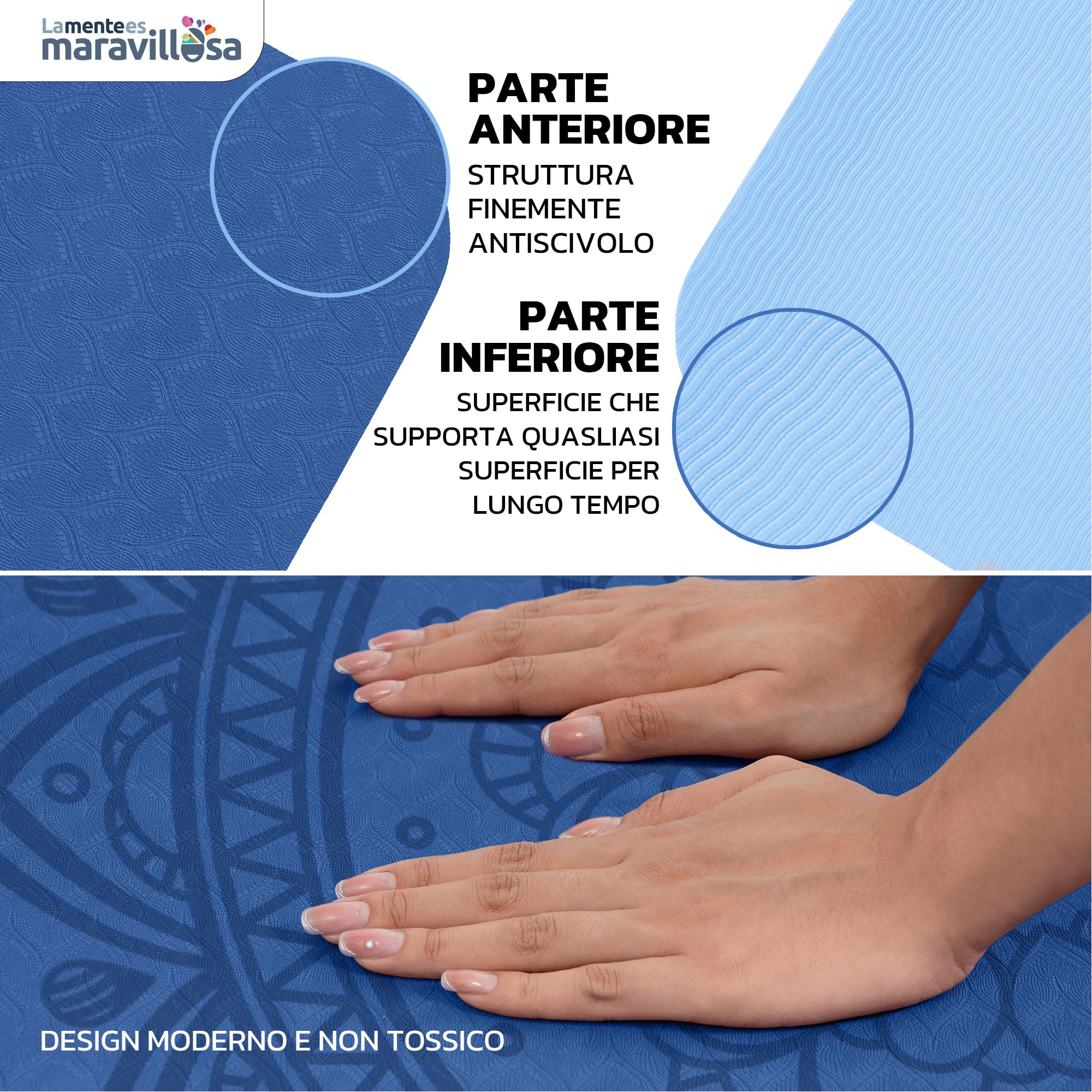 LA MENTE ES MARAVILLOSA - Tappetino Yoga e Pilates Antiscivolo in TPE, 183x61 cm, Spessore 6 mm, con Custodia, Tracolla ed E-Book, Materassino per Allenamento, Stretching e Meditazione