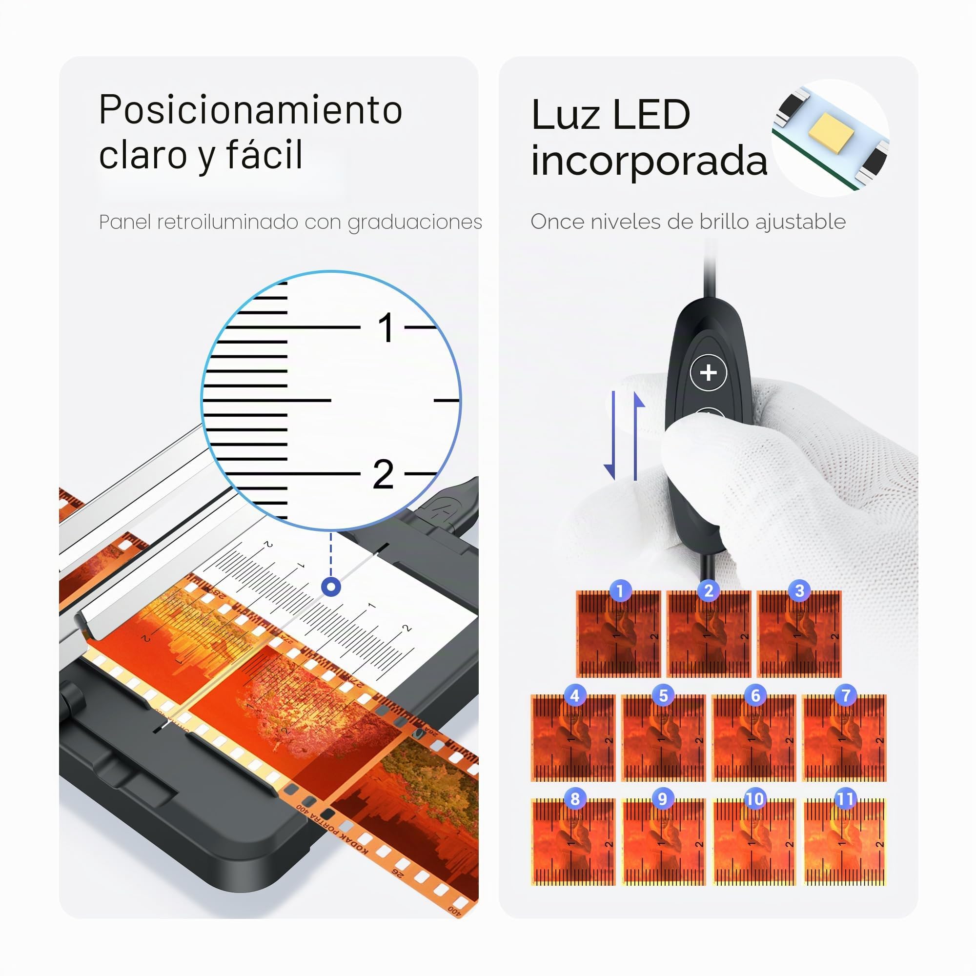 JJC Cortador de película deslizante para 35mm 120 tiras de tamaño, herramienta guía de corte con panel retroiluminado, ajustable 11 niveles de brillo