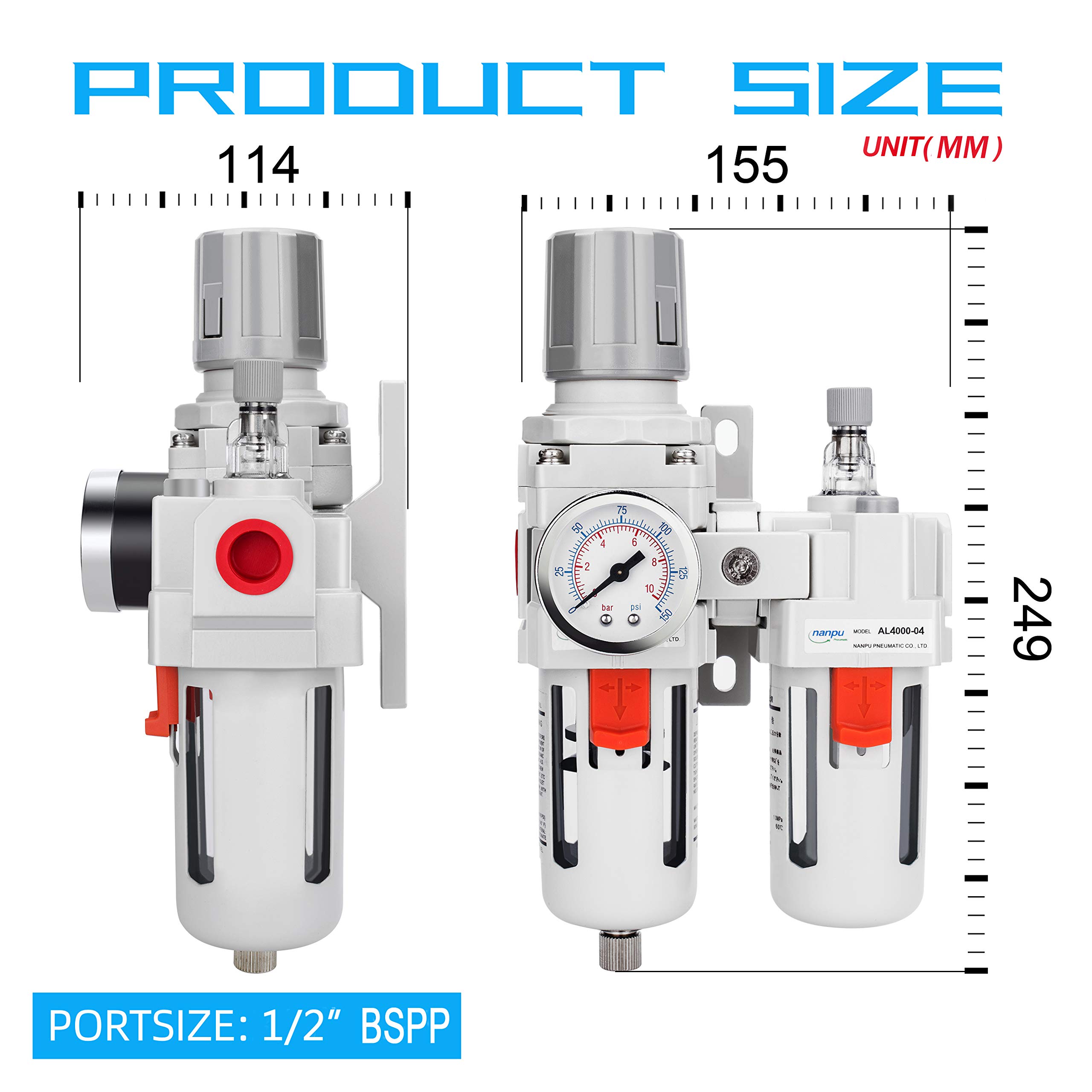 NANPU 1/2" BSPP Aria Compressa Filtro Regolatore Lubrificatore Combo (FRL) Separatore Trappola Acqua/Olio - Manometro (0-10 bar), Tazza in Polietilene, Scarico Semiautomatico, Staffa Metallica