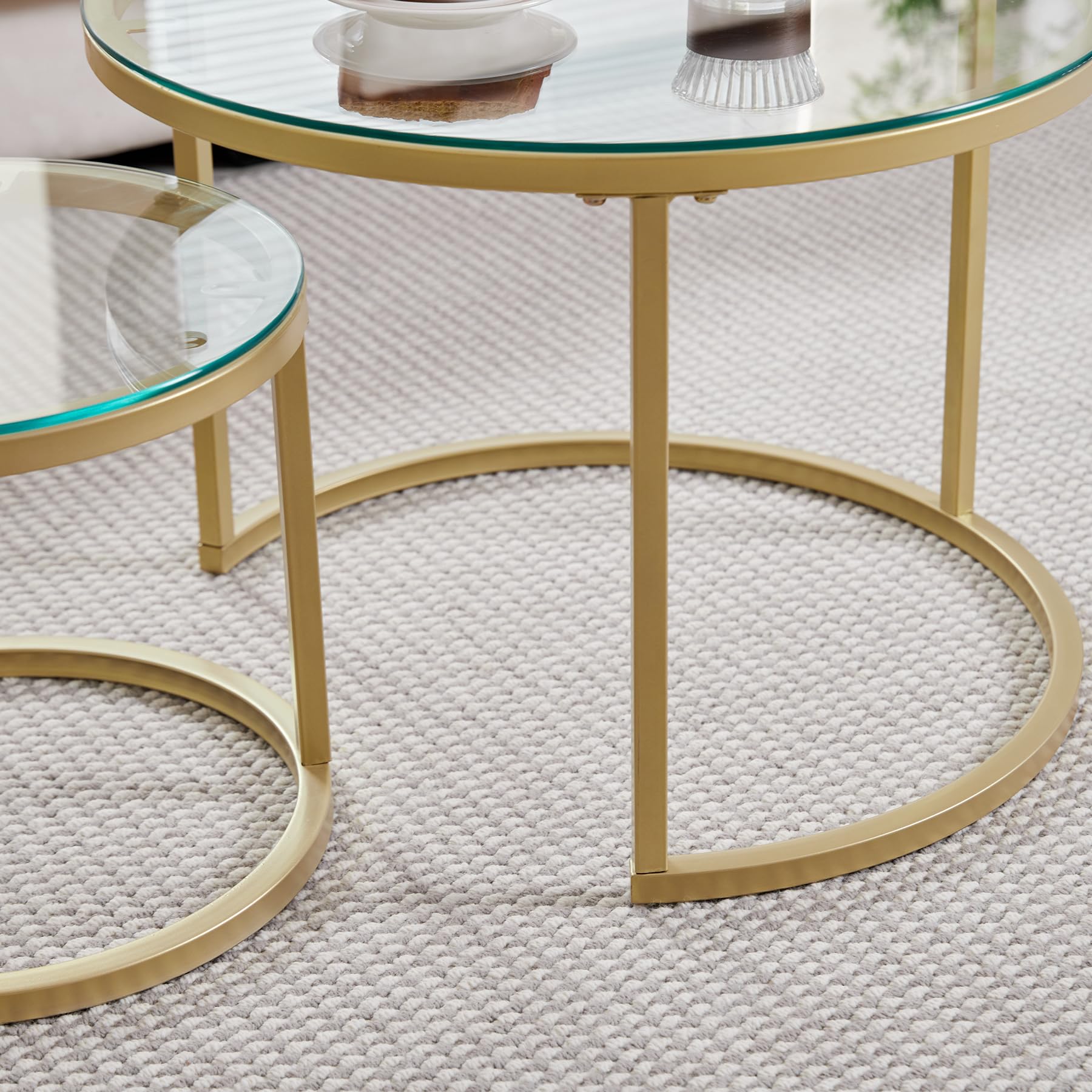 Set di 2 Tavolini da Caffè Rotondi con Piano in Vetro, Tavolini Rotondi a Incastro, Grande: 60 x 60 x 45 cm; Piccolo: 40 x 40 x 35 cm (Vetro Oro)