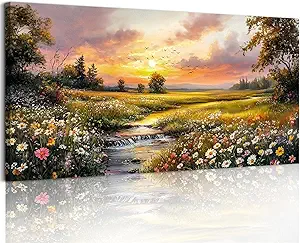 crmotu Country Landscape Wall Art, Riverside Wildflower Daisy Large Artwork, Vibrant Rural Canvas Art Prints, Sunset Aesthetic Rustic Farmhouse Wall Decor Living Room Bedroom Dining Room 24X48 In