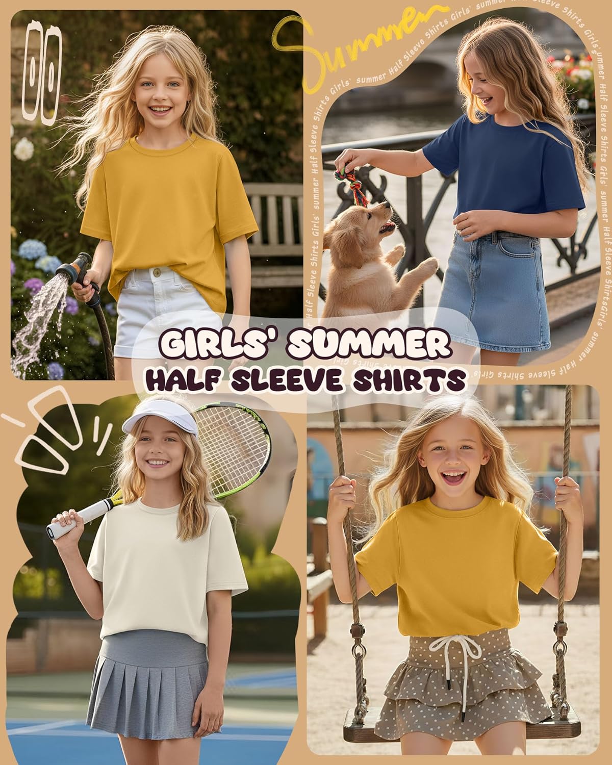 3 Pack Girls' Half Sleeve Shirts Crew Neck Elbow Length Tops Casual Loose T Shirt Soft Basic Tee for Kids Aged 5-14 - Image 2