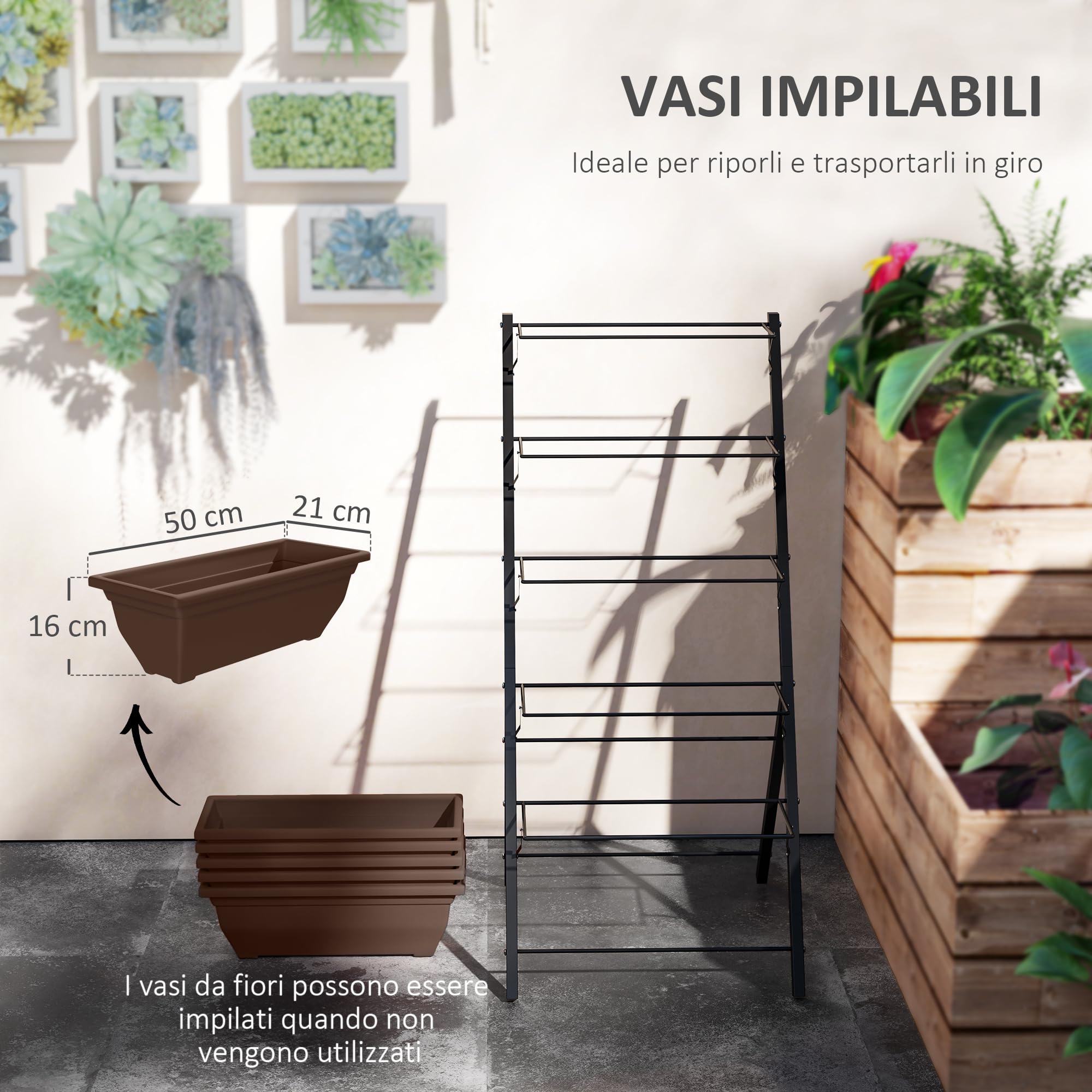 Outsunny Portapiante Rialzato 5 Livelli con 5 Vasi 55x63x120 cm Marrone