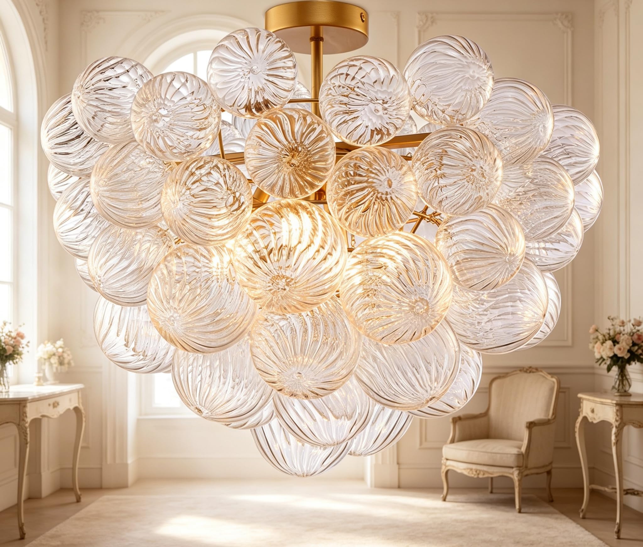 Gold Kronleuchter,Bubble-Glas Deckenleuchte, 6 Leuchten Pendelleuchte,D60 x H45 cm Einbau-Deckenleuchte für Wohnzimmer für Küche Esszimmer Schlafzimmer Flur (60 × 45 Einbau)
