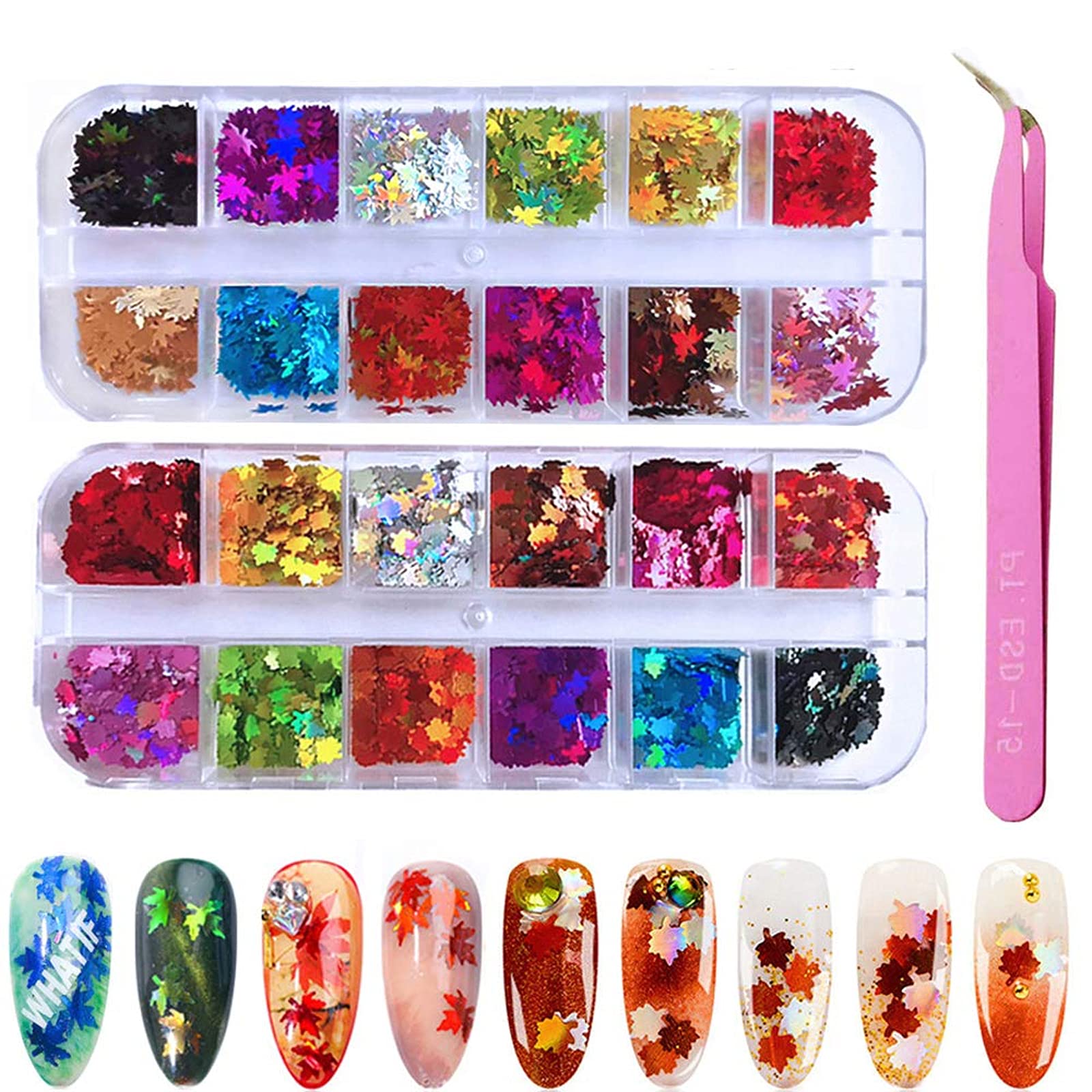 24 Boxes Colored Maple Leaf Holographic Nail Sequins, Kalolary Leaf Sequins Laser Nails Art Glitters Thin Paillette Flakes Stickers, Christmas Nail DIY Manicure Decals Decoration