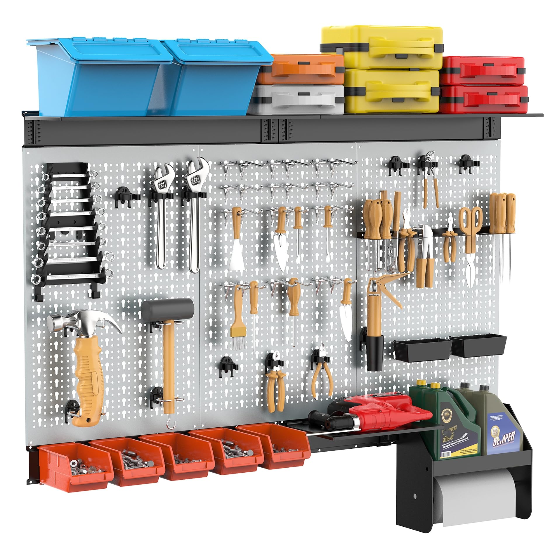 TORACK Organizer ścienny z tablicą Pegboard, 1,2 m, garaż, metalowy zestaw do przechowywania narzędzi z haczykami na tablicę narzędziową, pojemniki montowane na ścianie, uchwyt na ręczniki papierowe,