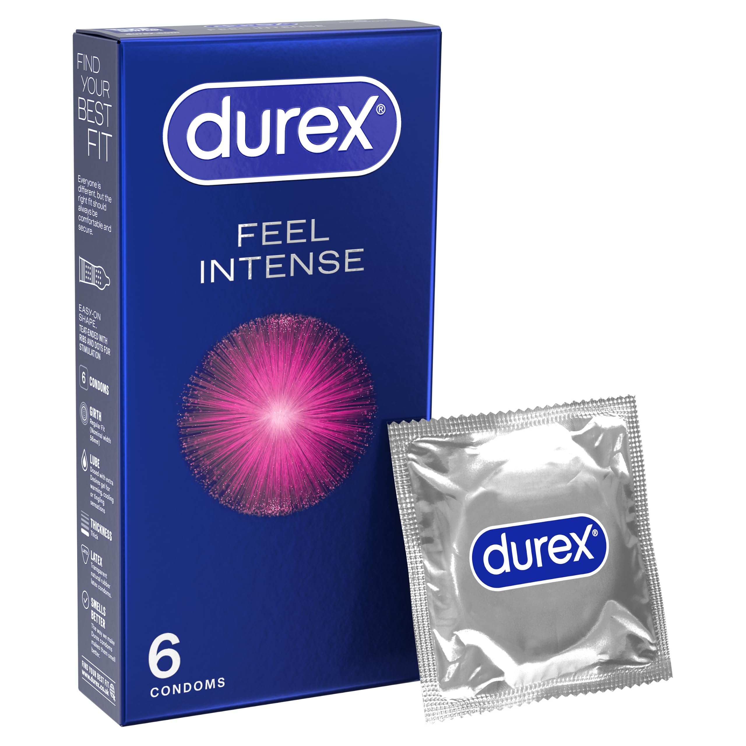 Durex Feel Intense, 6 Condoms, Ribbed & Dotted, Pre Lubricated
