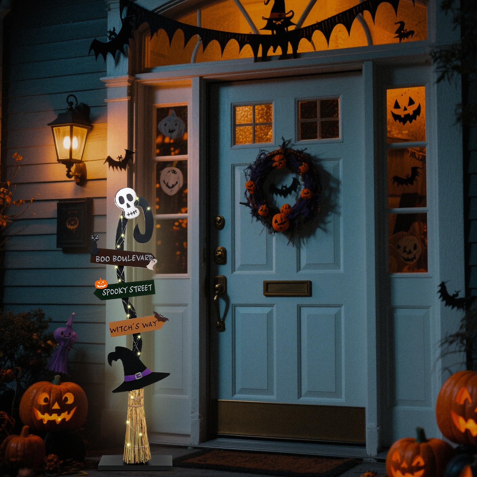 Decorazioni di Halloween | Scopa da strega in legno illuminato | Spooky Light Up Halloween Decor Witch Portico Cartello in piedi per interni ed esterni