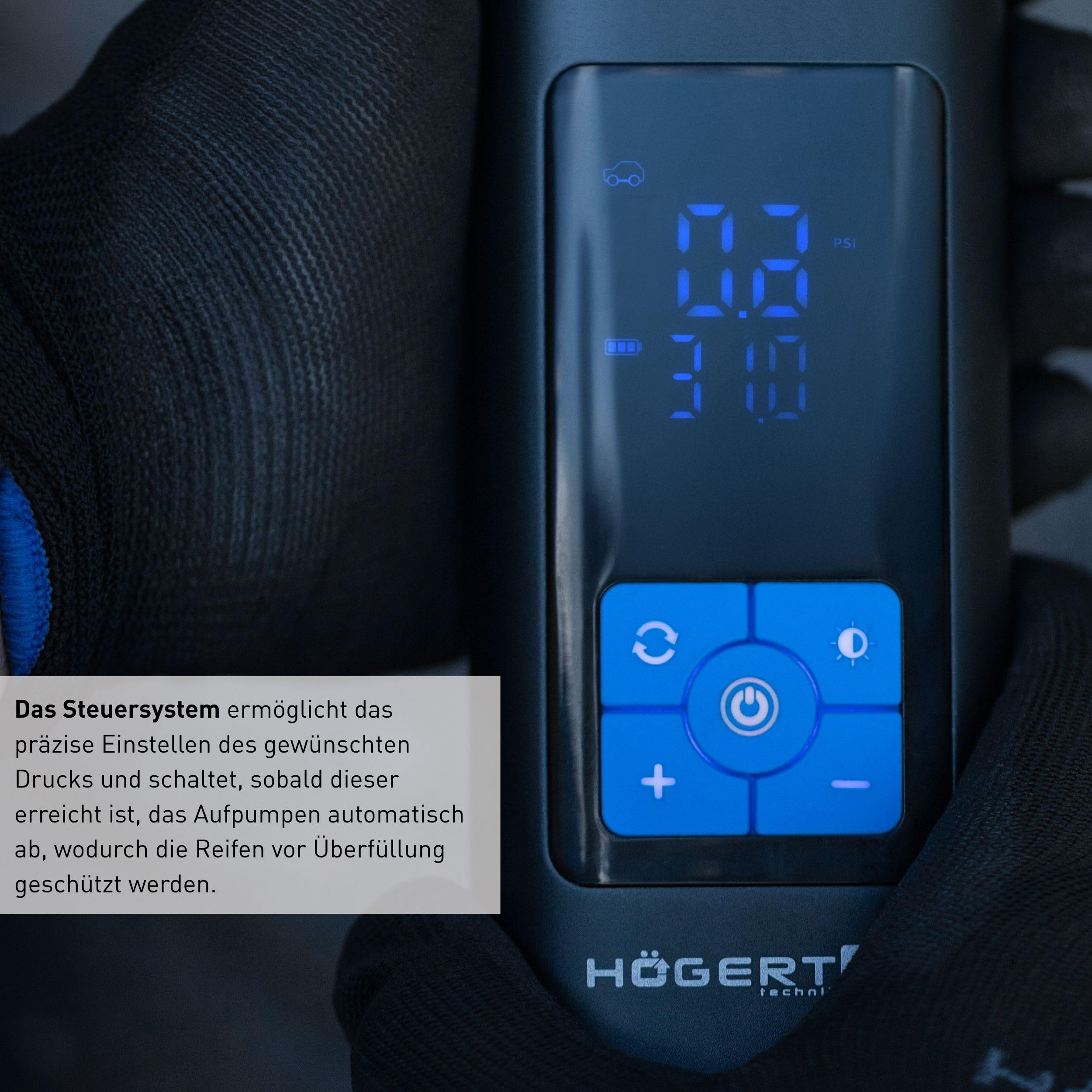 HÖGERT TECHNIK Tragbare Akku Elektrische Luftpumpe 145PSI 3in1, Mini Kompressor mit Powerbank & LED Licht, Mobiler Luftkompressor Fahrradpumpe Auto Motorrad Ball Matratze, USB-C Ladegerät