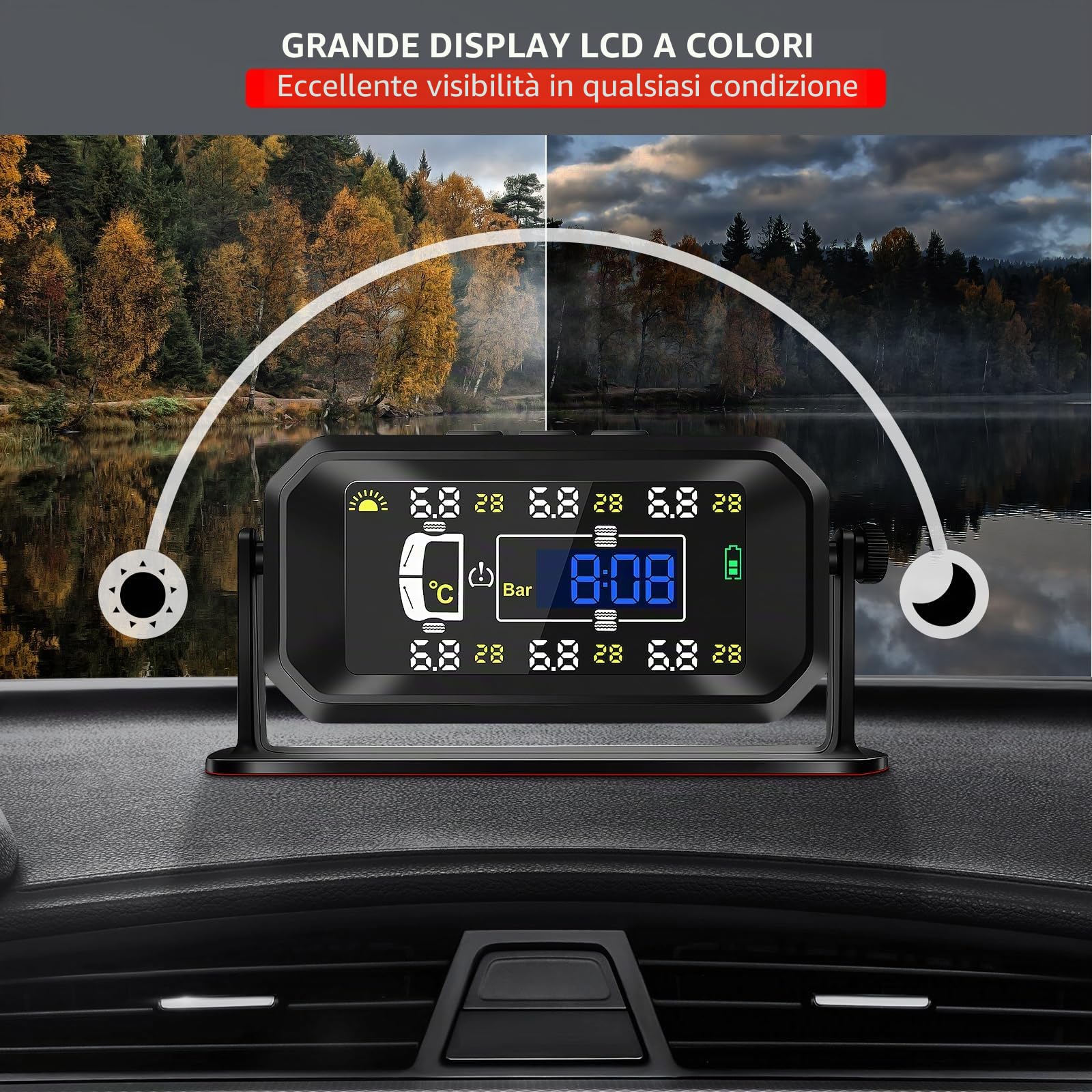 KAOLALI Sistema di monitoraggio della Pressione dei Pneumatici TPMS,【4/6 modalità Ruota】 0.01 Bar Alta Precisione TPMS, con 6 Sensori Pressione Pneumatici per Auto Camper per Camion LKW